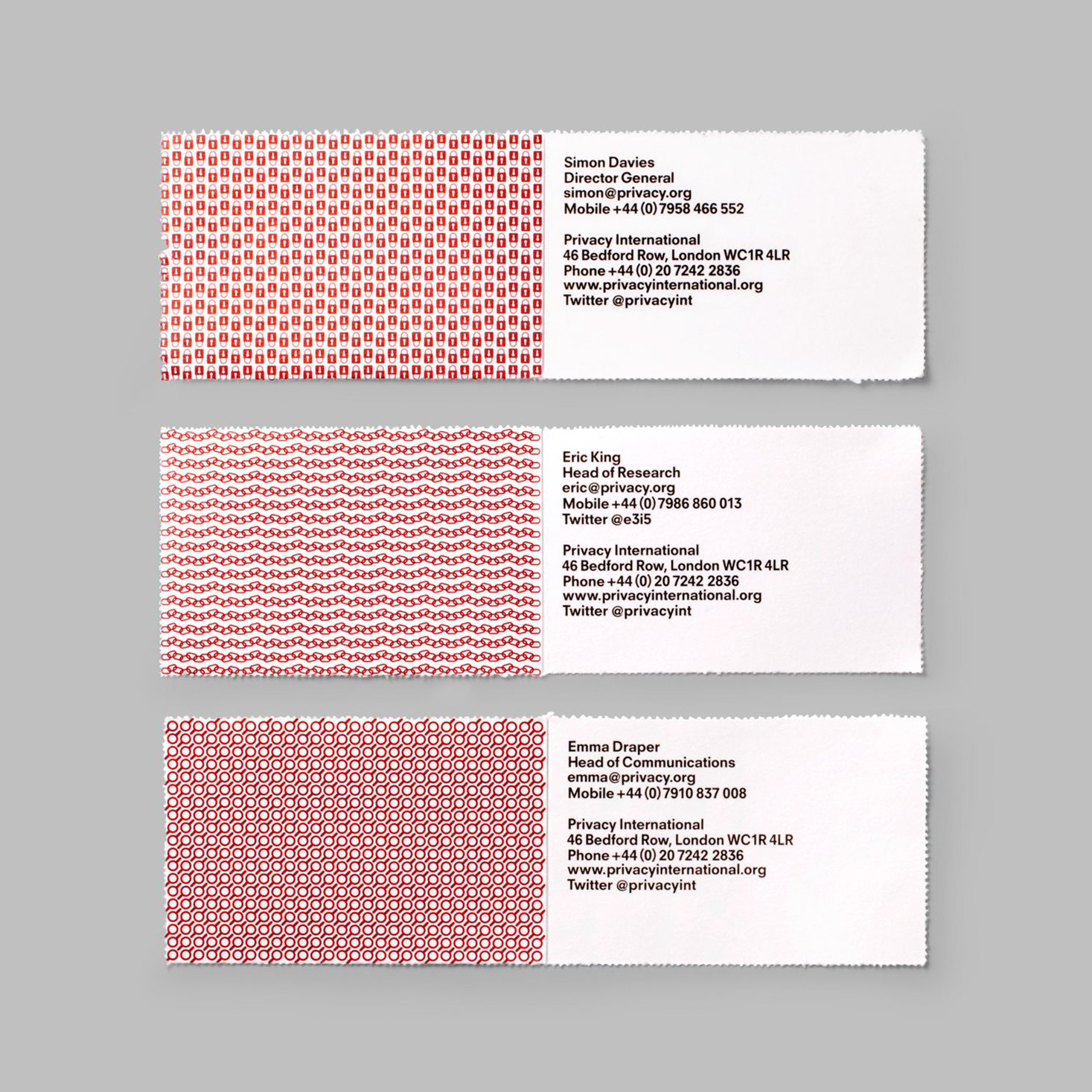 Business card with perforated detail designed by This Is Real Art for Privacy International