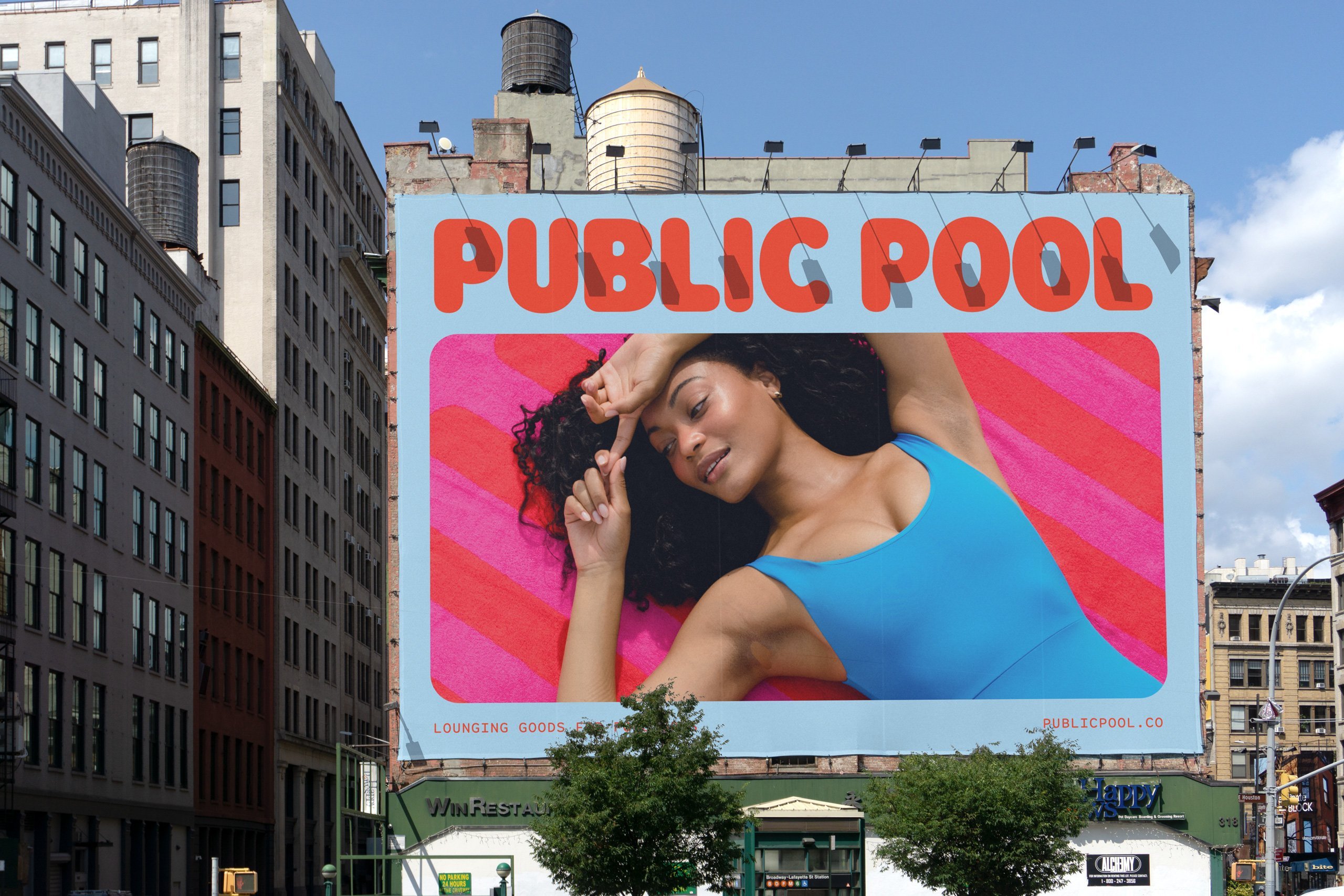 Logotype, branding, social assets, website and packaging for pool-side product brand Public Pool designed by Perky Bros.