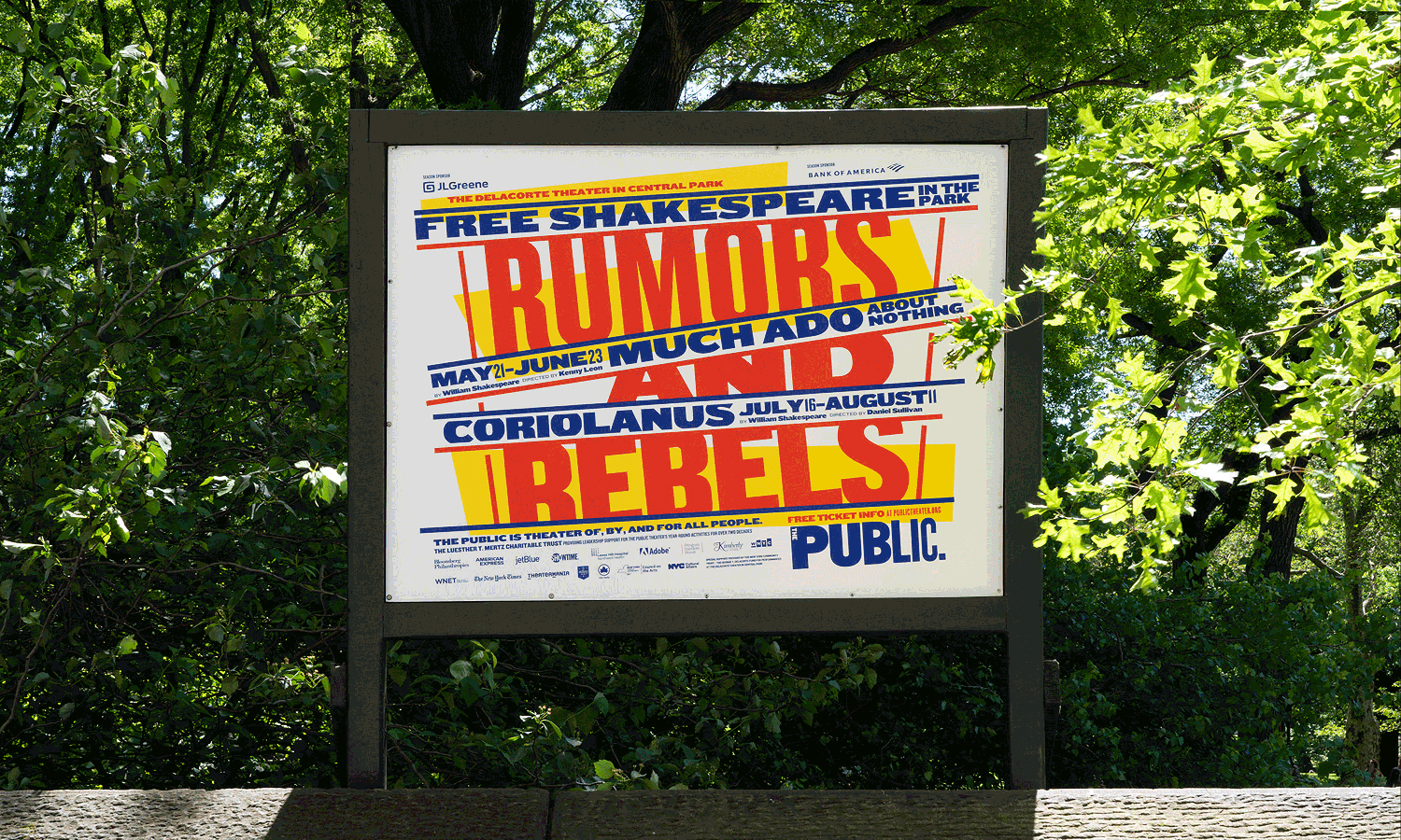 Posters, flyers, signage, t-shirts and newspaper advertising by Pentagram's Paula Scher for The Public Theatre's Shakespeare in the Park 2018