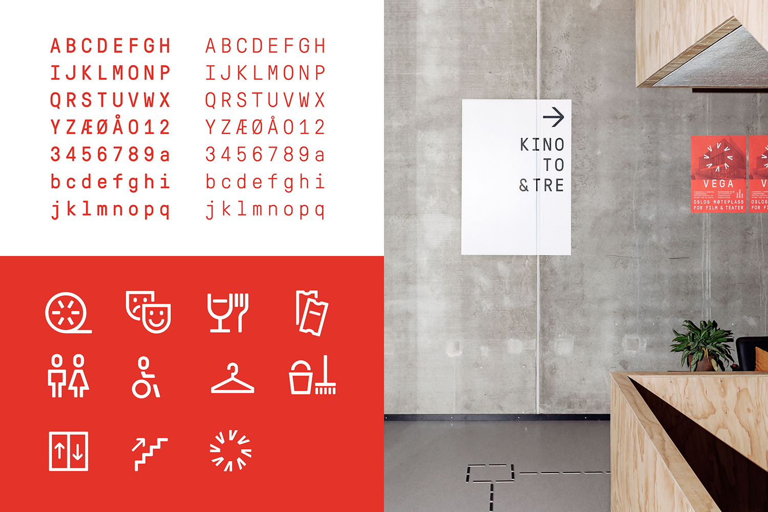 Logo, icons, signage, wayfinding, posters and website design by Metric for Oslo-based cultural venue Vega Scene