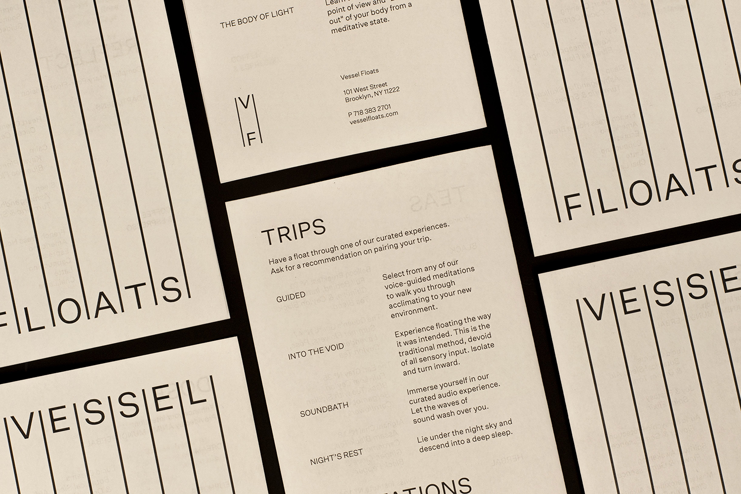 Brand identity and menus designed by Order for flotation and deprivation therapy spa Vessel Floats