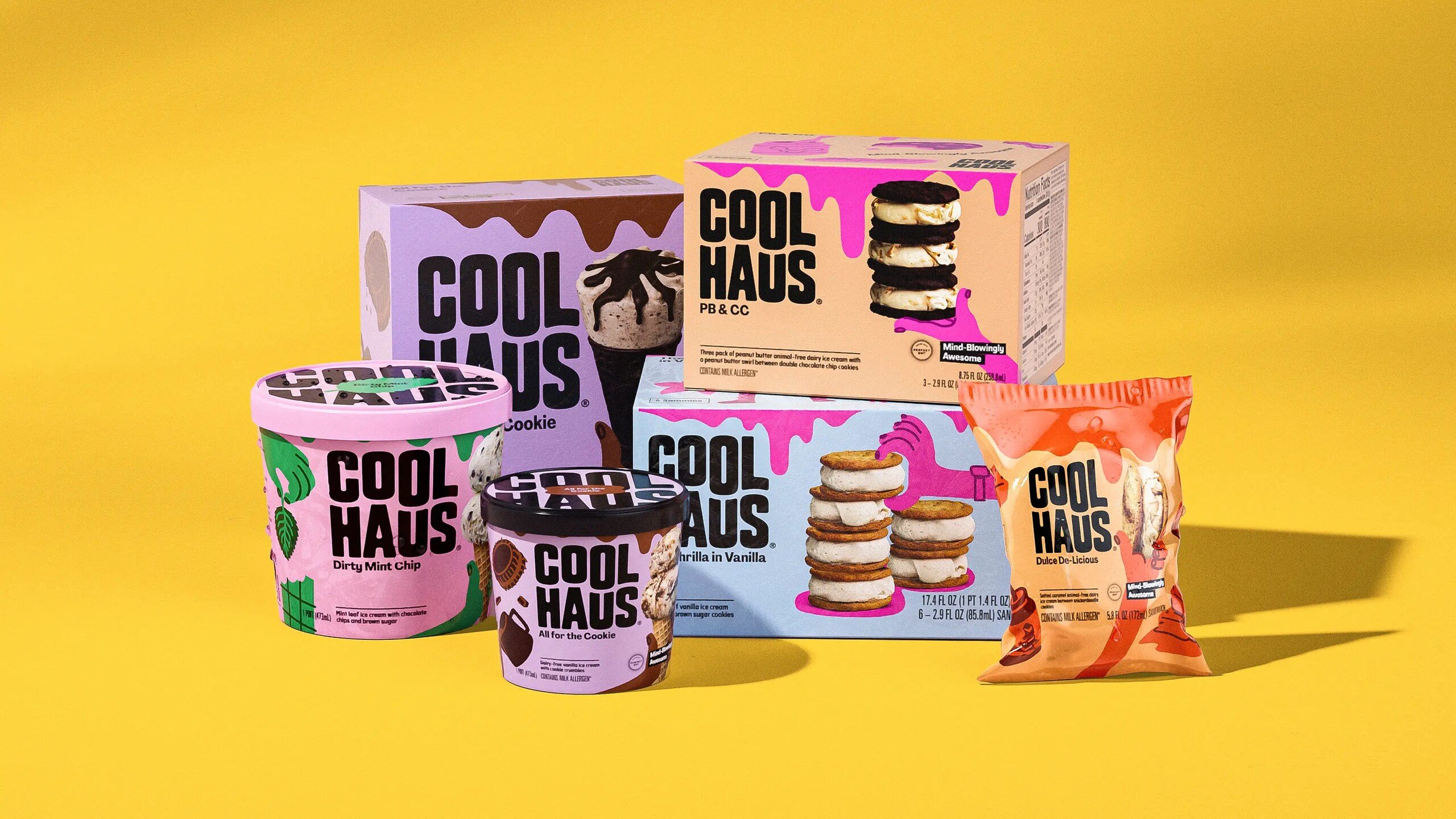 Logotype, illustration, packaging, motion graphics and digital design by &Walsh for dairy free ice cream brand Coolhaus