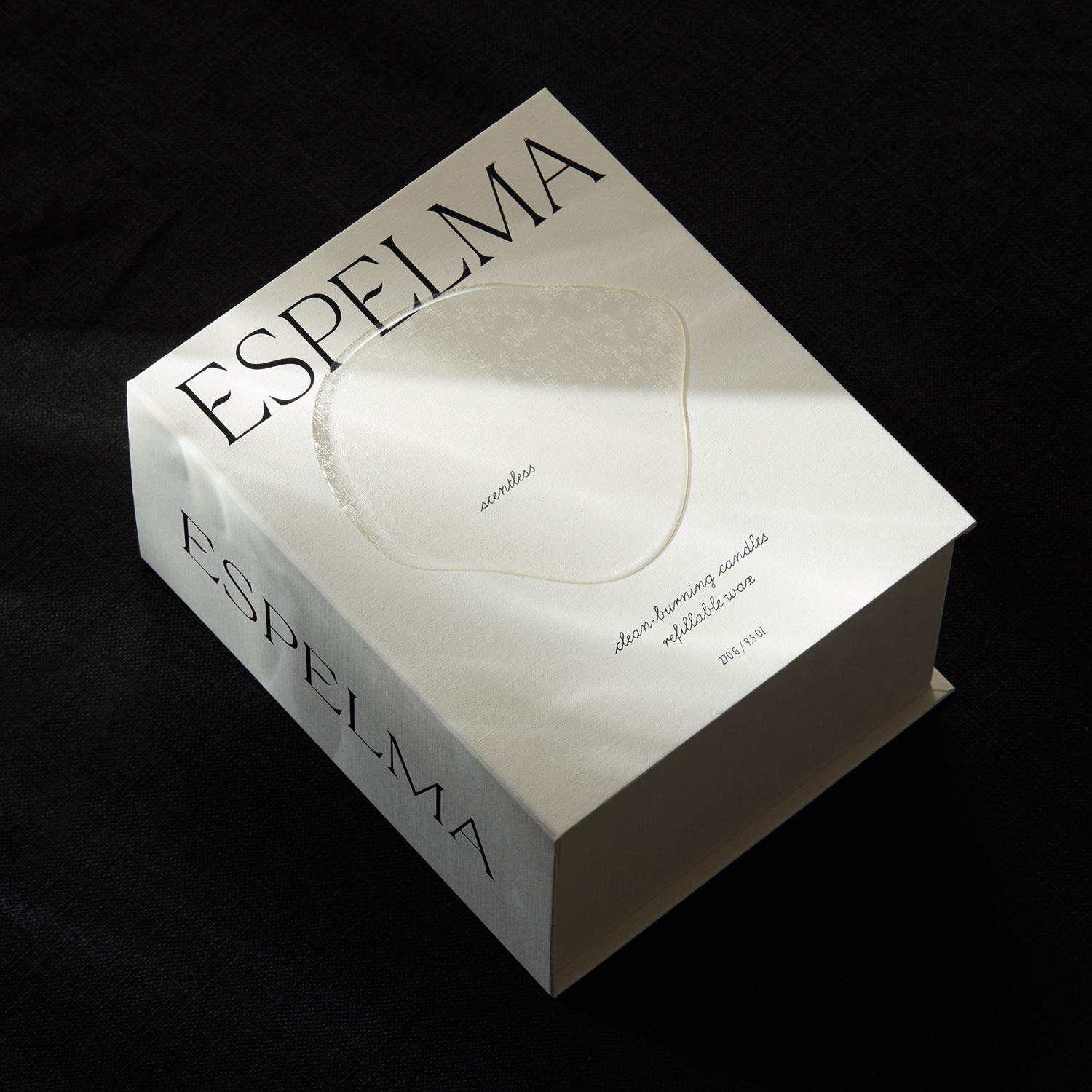 Logotype, visual identity, packaging, still life and website for clean-burning natural wax candle company Espelma