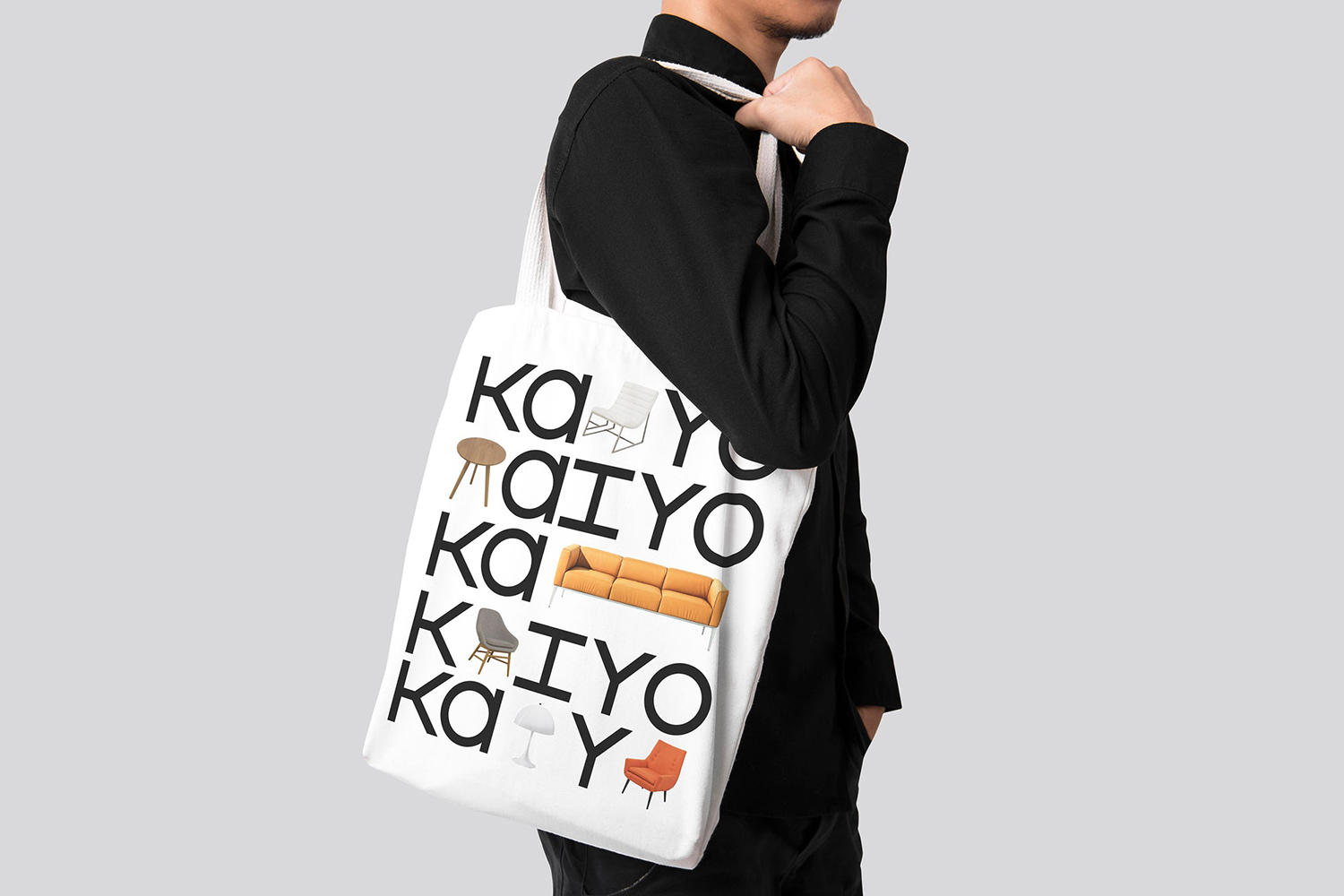 Visual identity and full colour tote bag by Pentagram's Natasha Jen for furniture resellng platform Kaiyo