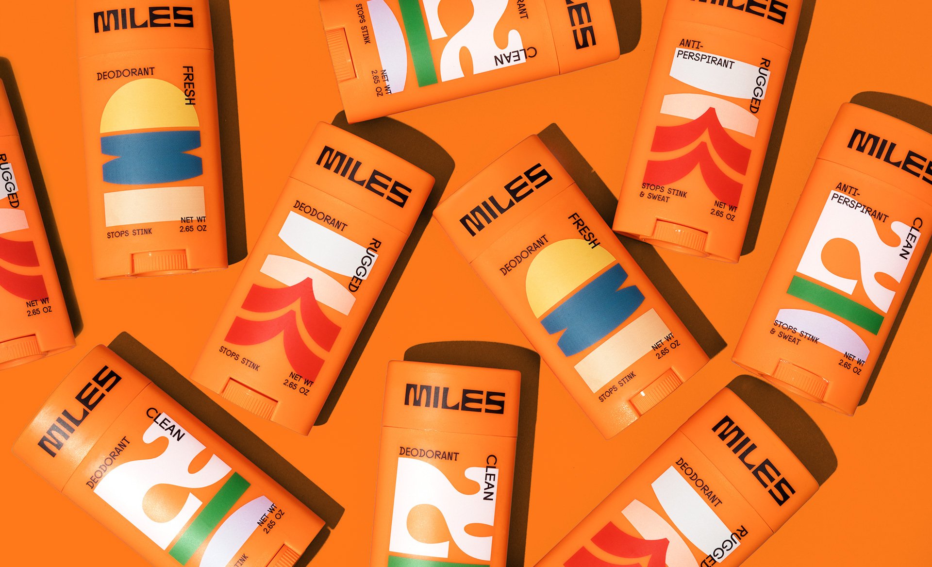 Logotype, illustration and packaging design for deodorant Miles designed by Minneapolis-based studio Buddy Buddy.