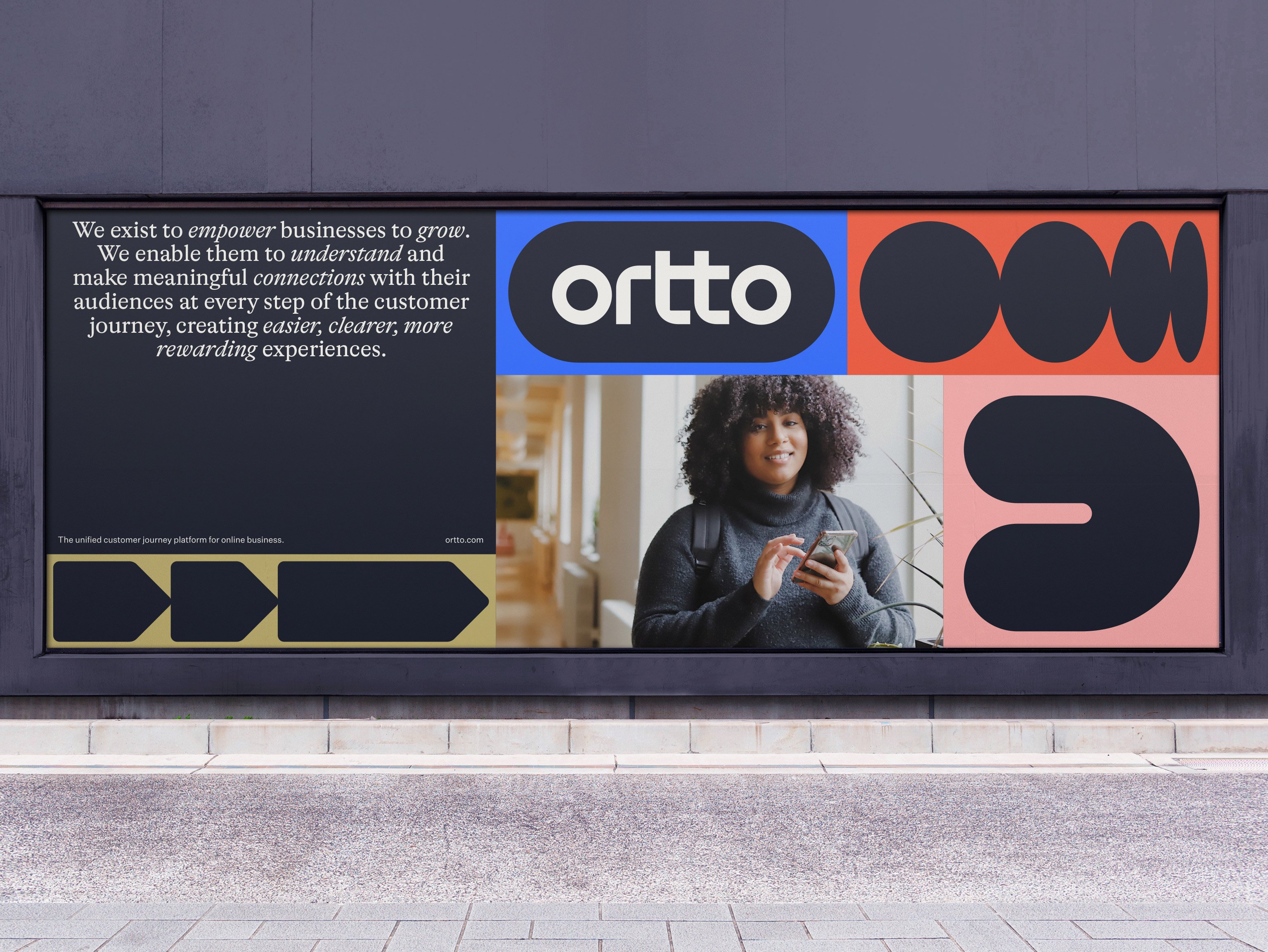 Merkidentiteit en billboard voor bedrijf Ortto op het gebied van automatisering, analyse en klantreizen, ontworpen door Christopher Doyle & Co