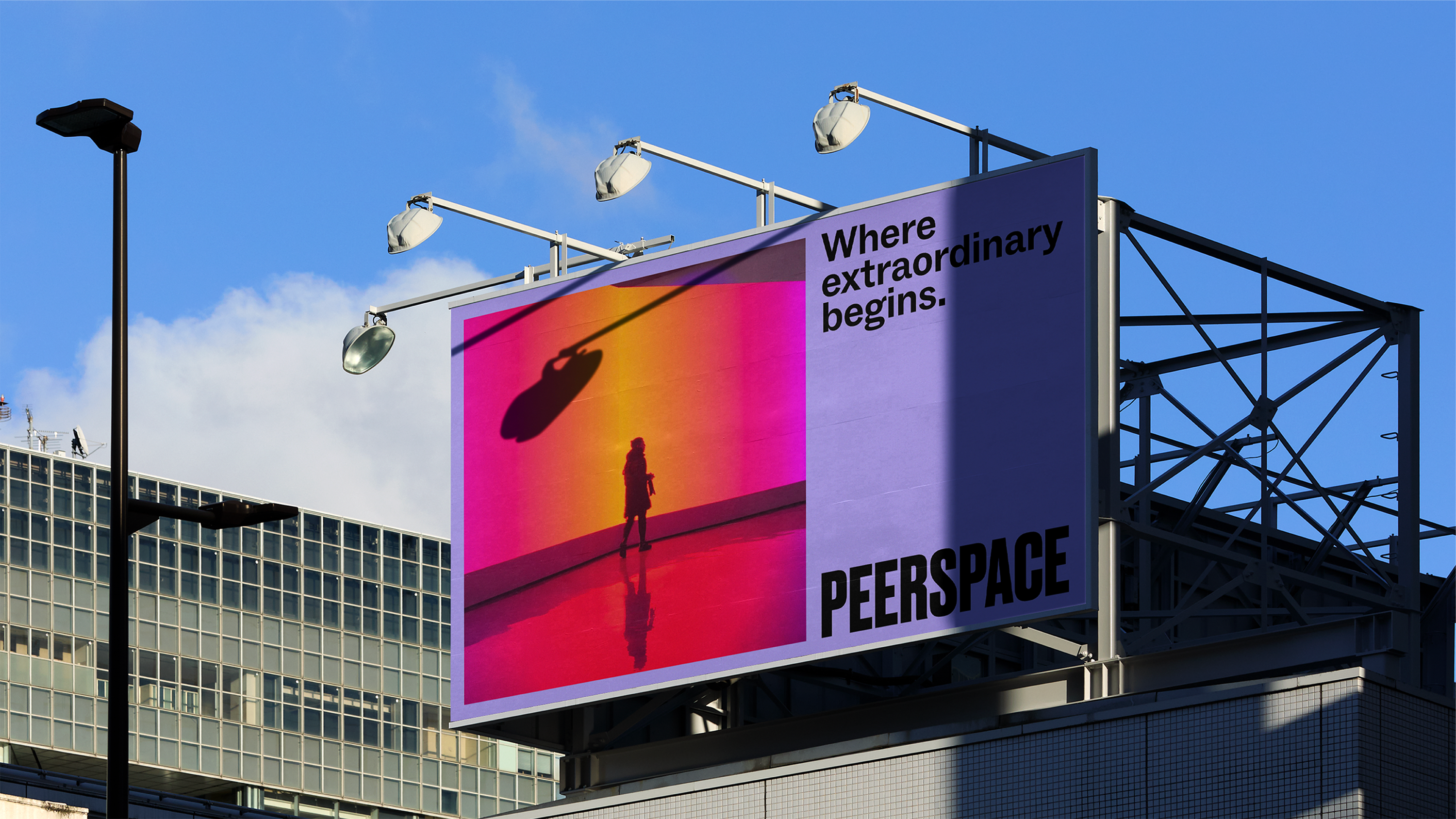 Brand identity and OOH advertising for peer-owned venue business Peerspace, designed by Mother Design. Reviewed by Eleanor Robertson for BP&O.