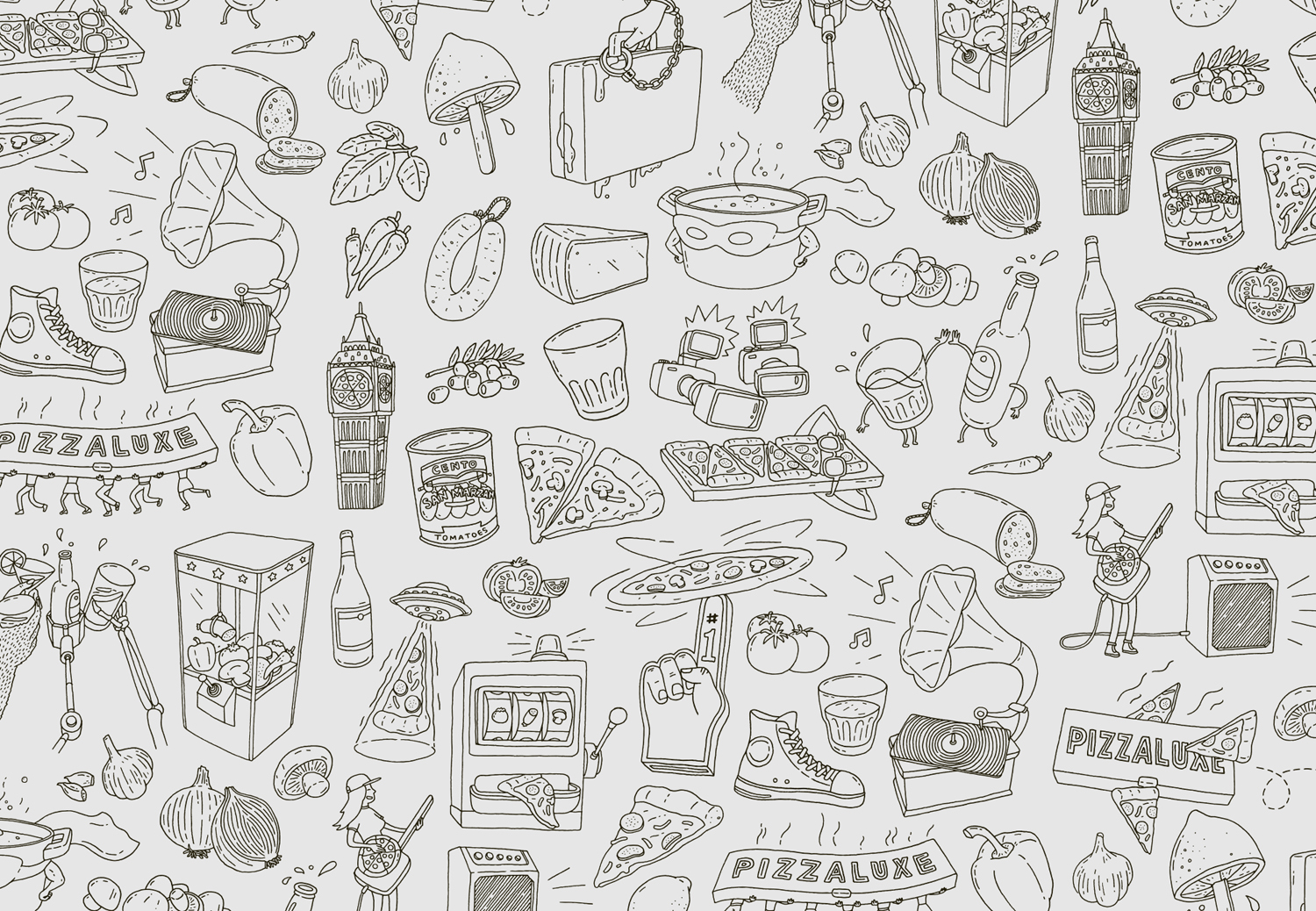 Illustrations by Damien Weighill and Joanna Basford for PizzaLuxe