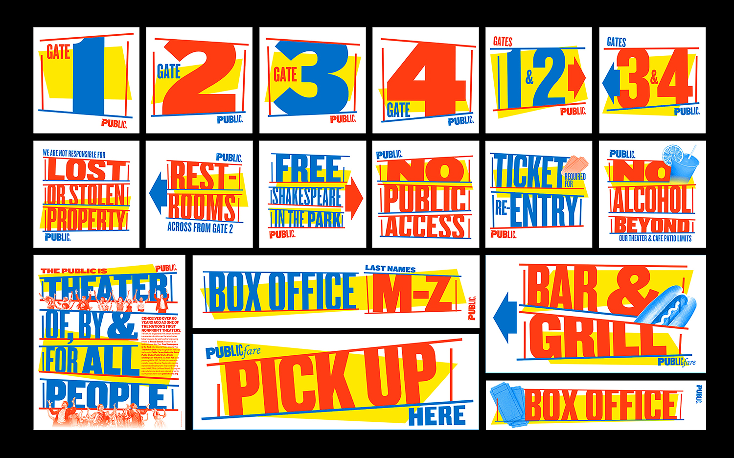 Posters, flyers, signage, t-shirts and newspaper advertising by Pentagram's Paula Scher for The Public Theatre's Shakespeare in the Park 2018