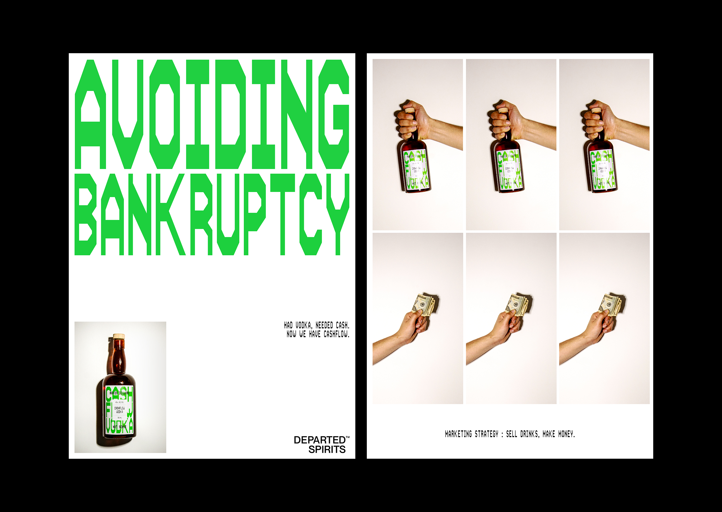 Logotype, labels and posters for Cashflow Vodka from Departed Spirits designed by New Zealnd based Marx