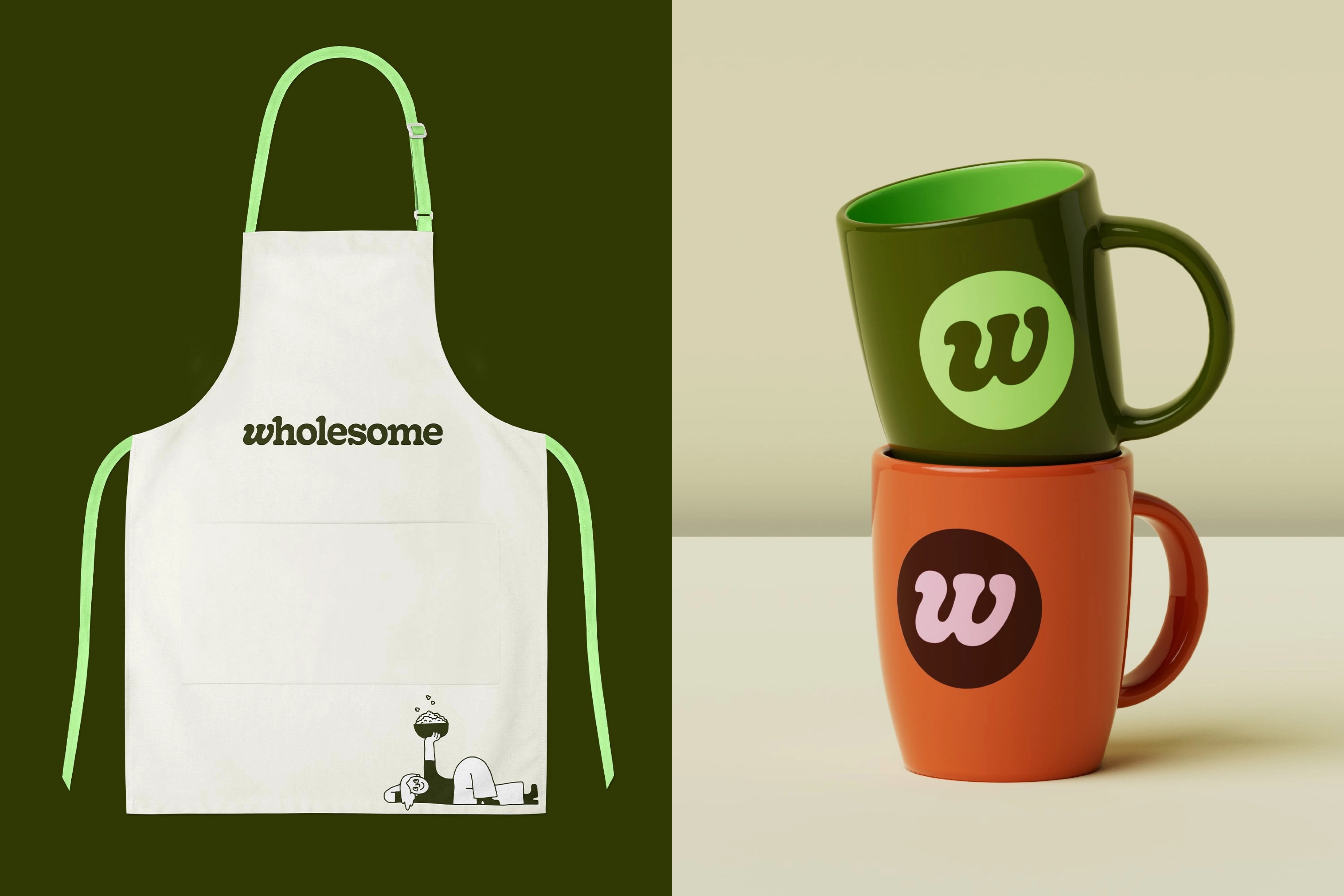 Brand identity and branded merchandise including apron and mugs for Australian online grocer Wholesome designed by Universal Favourite