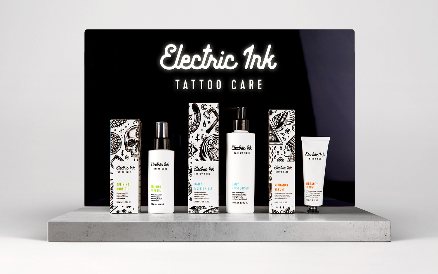 Branding, packaging and POS design for tattoo care range Electric Ink by Leeds-based design studio Robot Food.