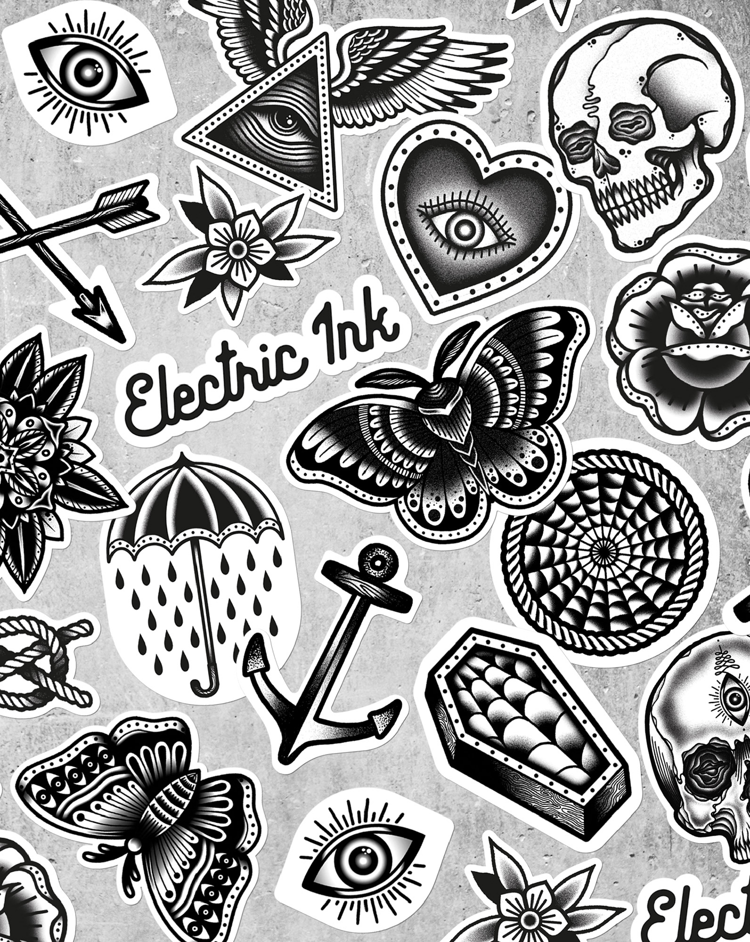 Brand identity and sticker design for tattoo care range Electric Ink by Leeds-based design studio Robot Food.