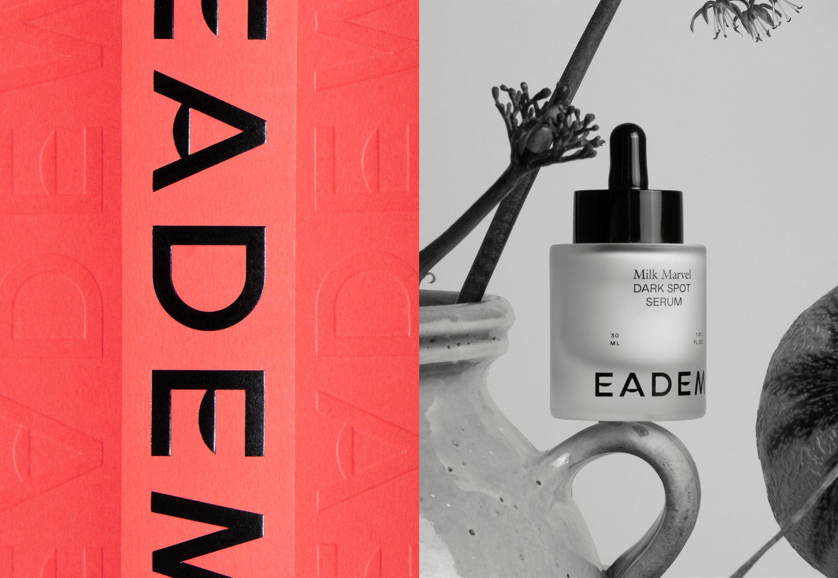 Eadem – Beauty brand for people of colour. Pink, black foil and blind embossed packaging design by New York and Parisian based Lotta Nieminen. Reviewed by Kinda Sararino for BP&O