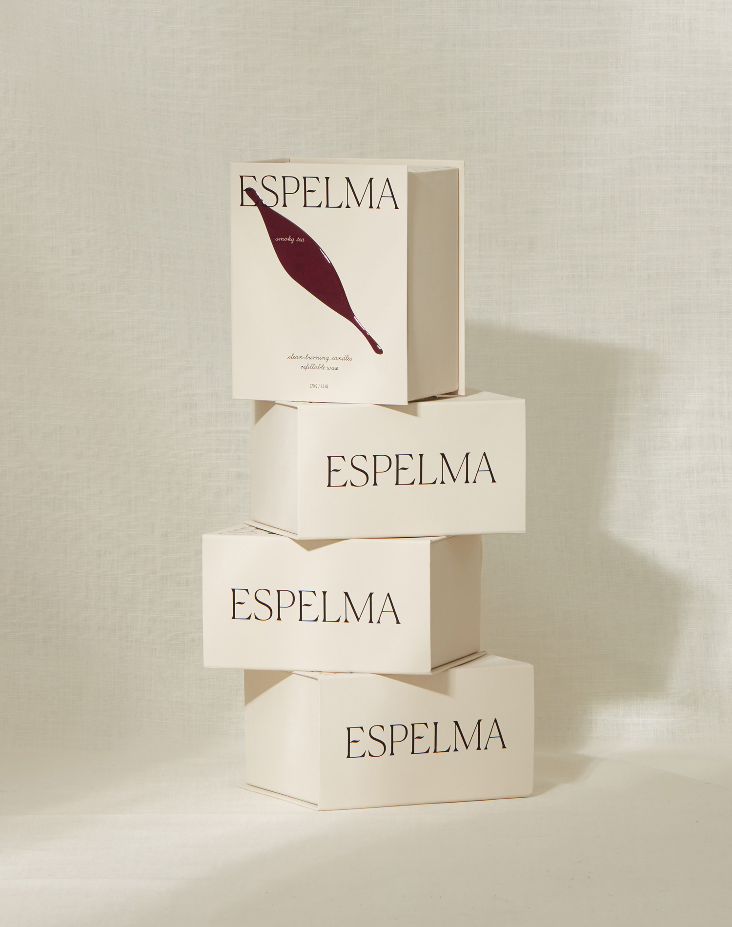 Logotype, visual identity, packaging, still life and website for clean-burning natural wax candle company Espelma