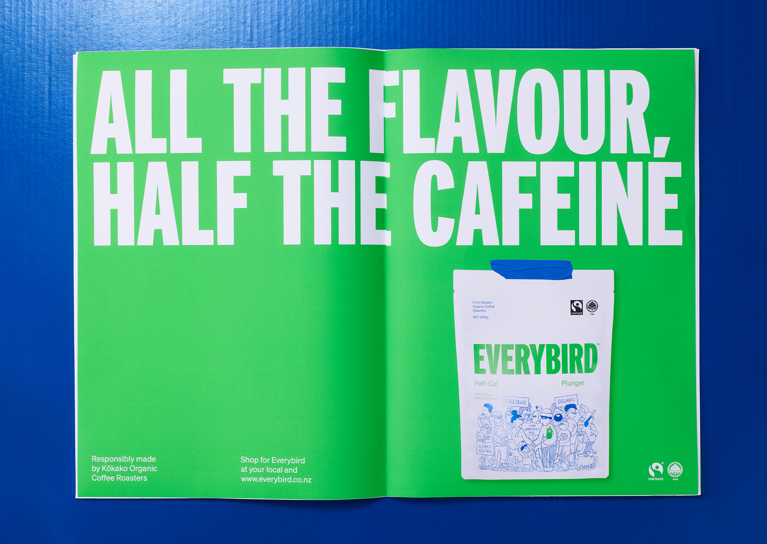 Branding and newsprint adverting by Marx Design for ethical New Zealand coffee brand Everybird