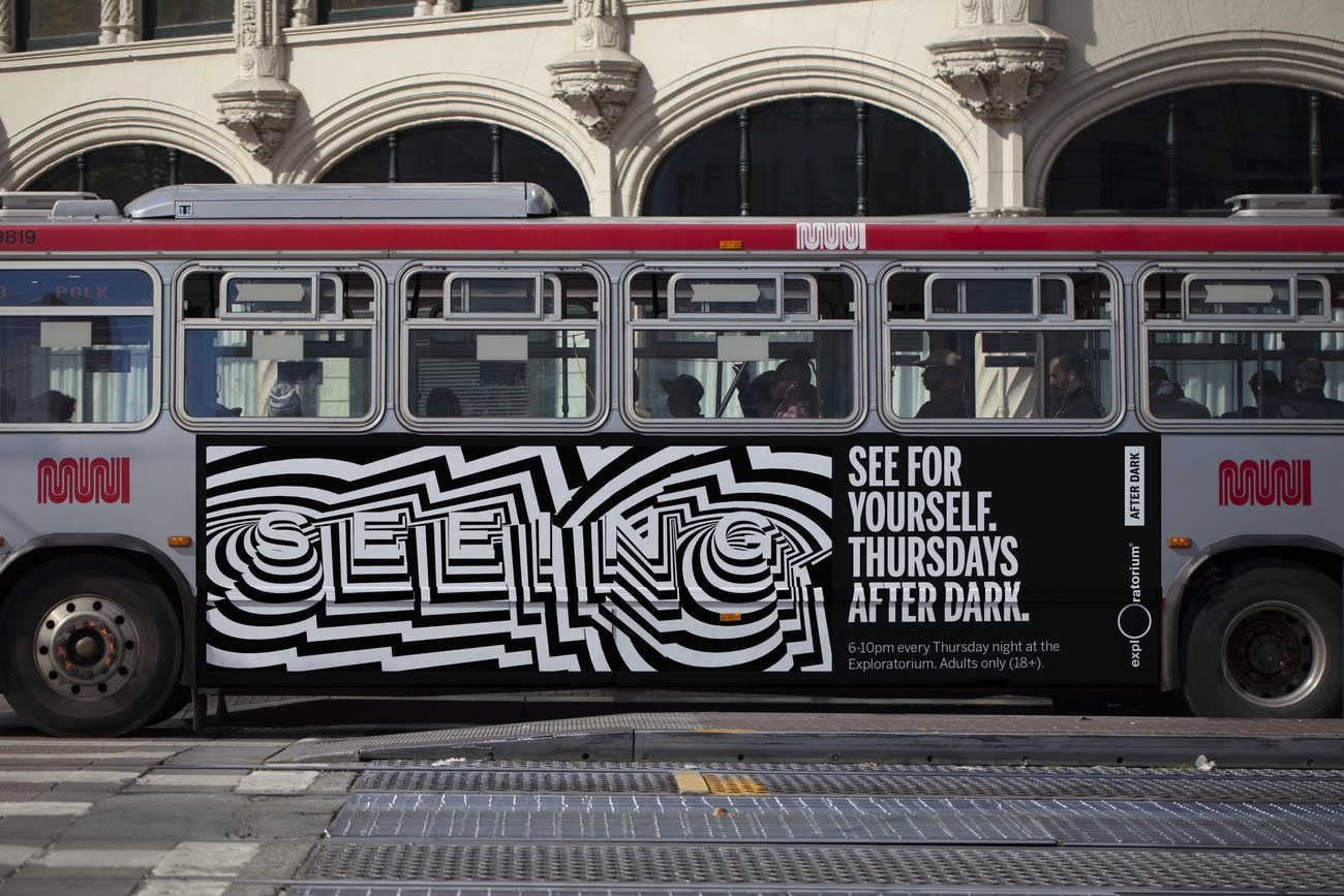 Visual identity and campaign poster by Collins for Exploratorium's After Dark, a weekly adults-only museum experience of perception