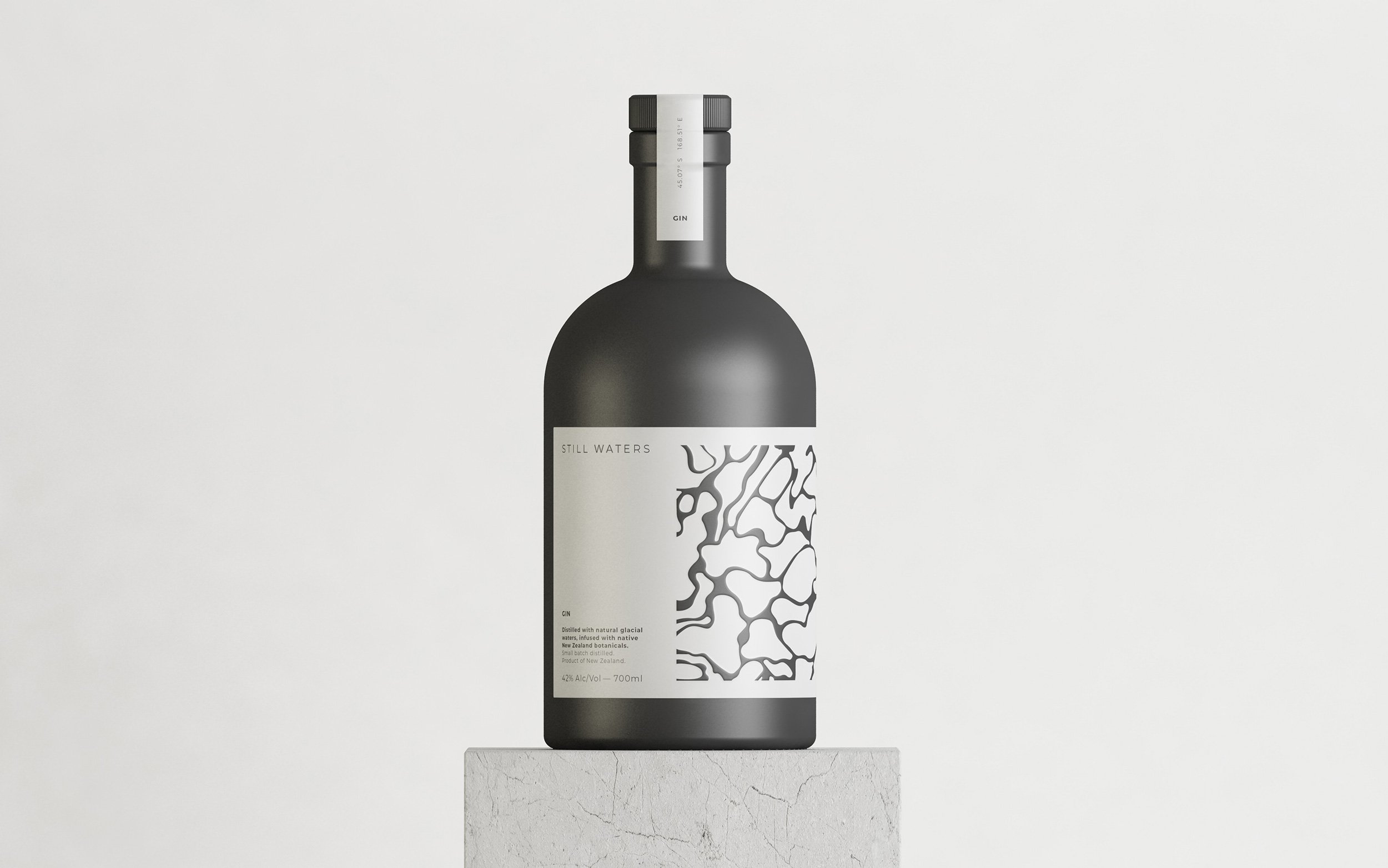 Label and structural design by Makebardo for New Zealand gin and vodka brand Still Waters