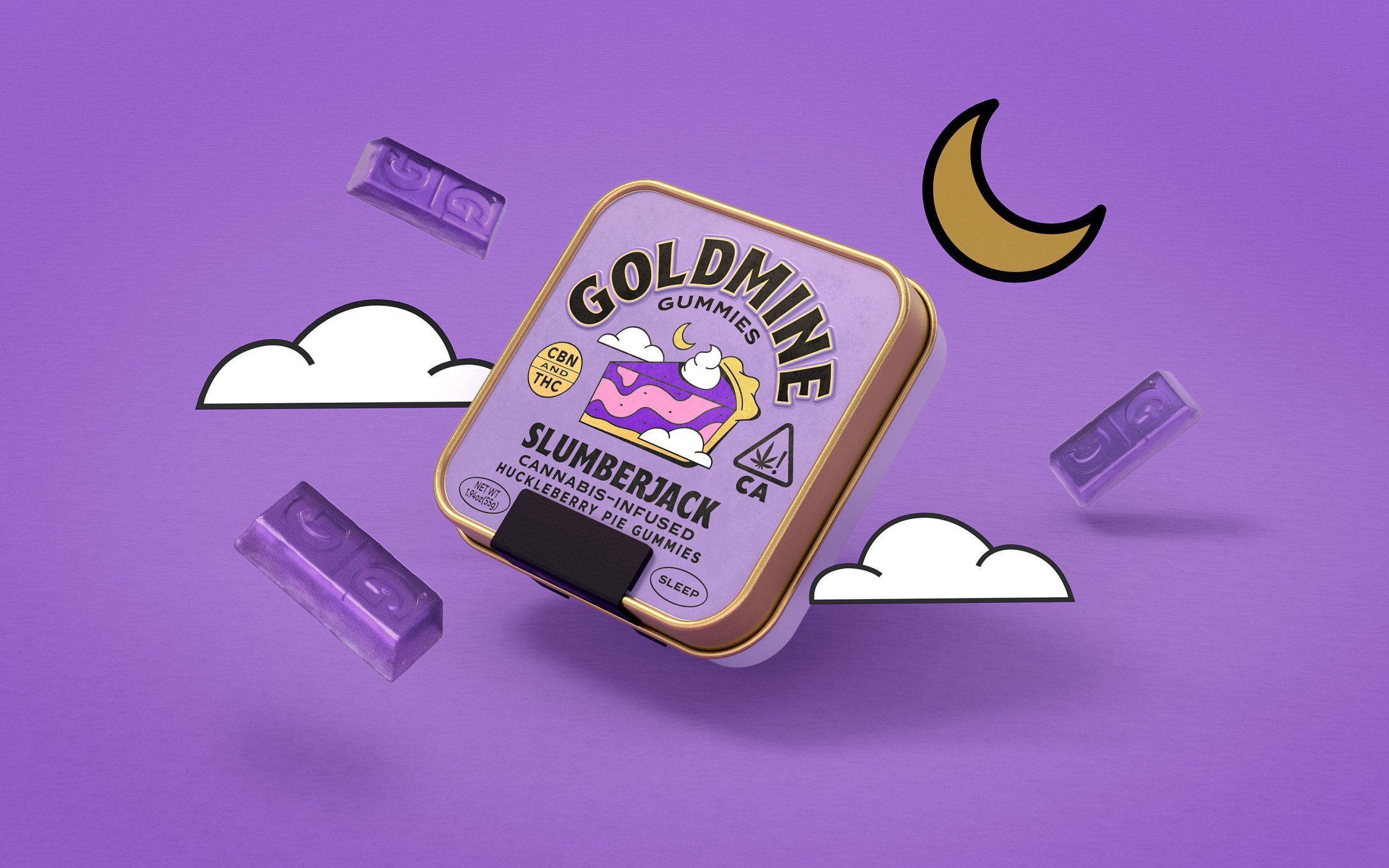 Packaging design and illustration by Leeds-based Robot Food for cannabis-infused sweets Goldmine Gummies