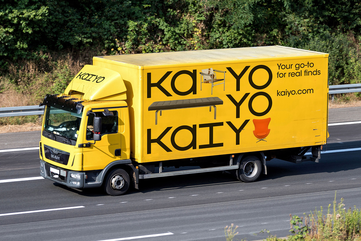 Visual identity and van livery by Pentagram's Natasha Jen for furniture resellng platform Kaiyo