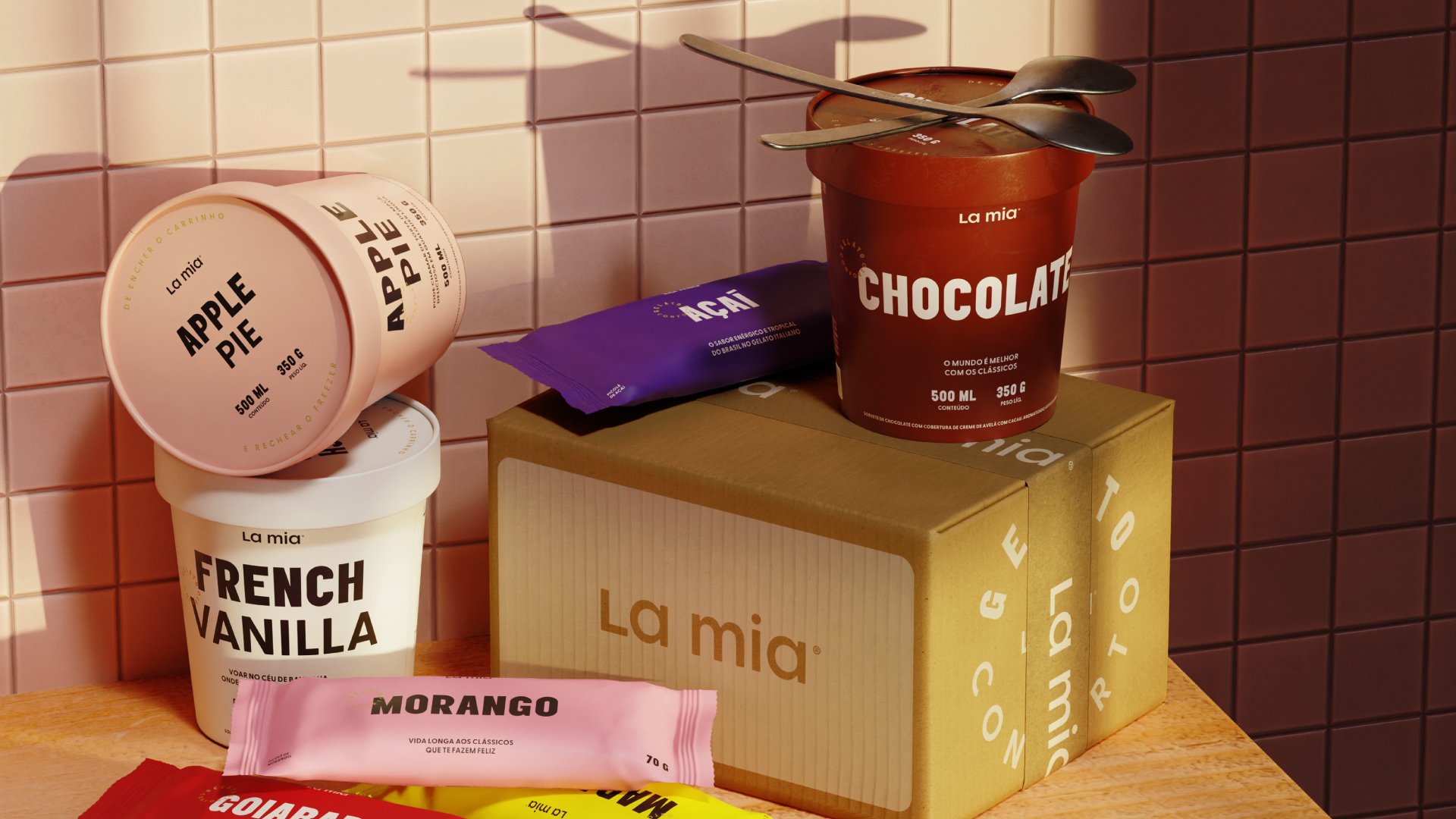 ogotype, typography, packaging and motion graphics for São Paulo-based gelato business La Mia designed by Papanapa