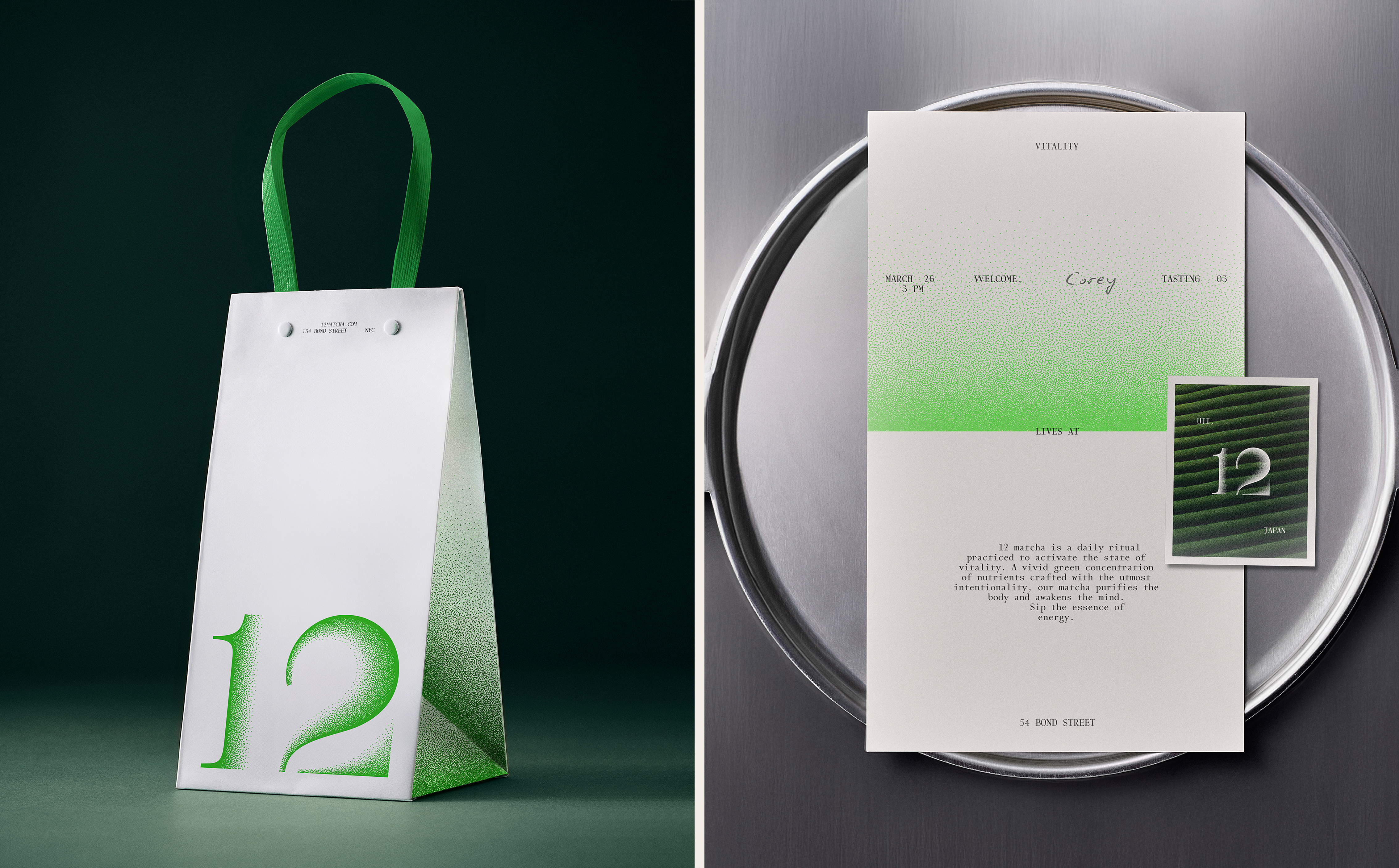 Motion logo, packaging, interior, menus, packaging and art direction for Brooklyn based matcha tea shop 12 designed by Base