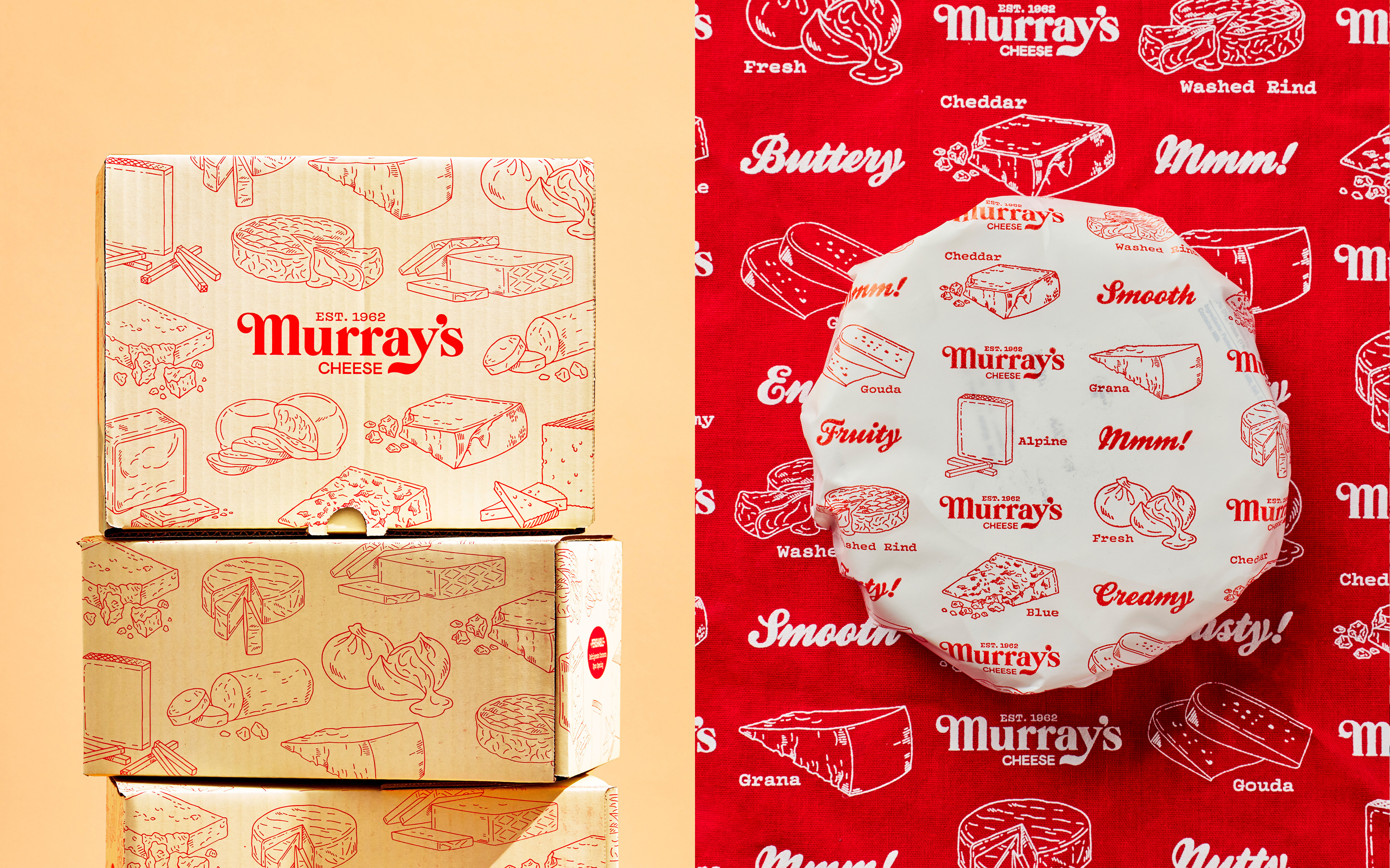 New logo-type, illustration and packaging design for Murray's Cheese created by Base Design