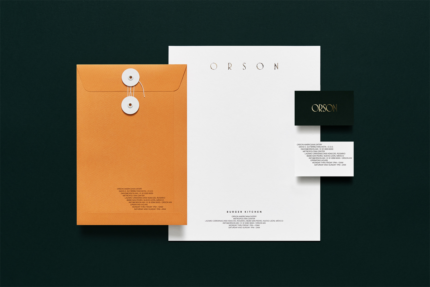 Envelope, headed paper and business card design by Anagrama for San Pedro based burger bar Orson