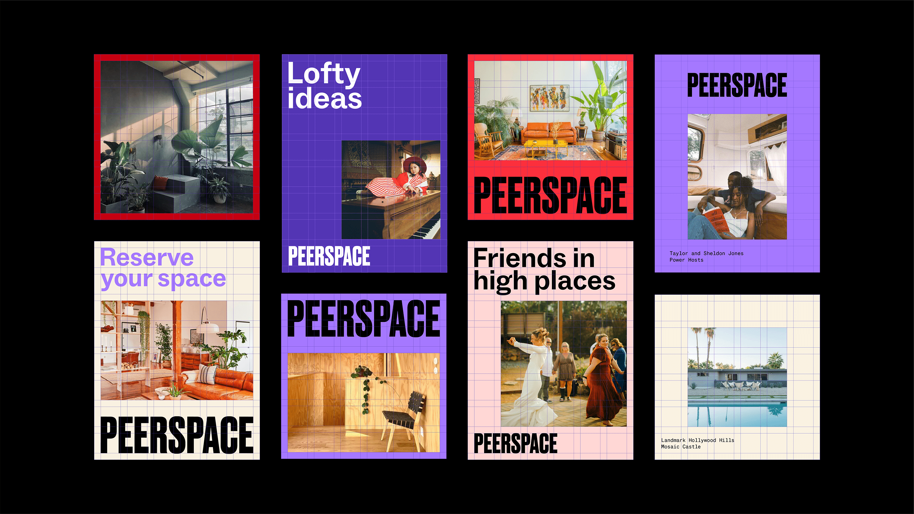 Brand identity and social media assets for peer-owned venue business Peerspace, designed by Mother Design. Reviewed by Eleanor Robertson for BP&O.
