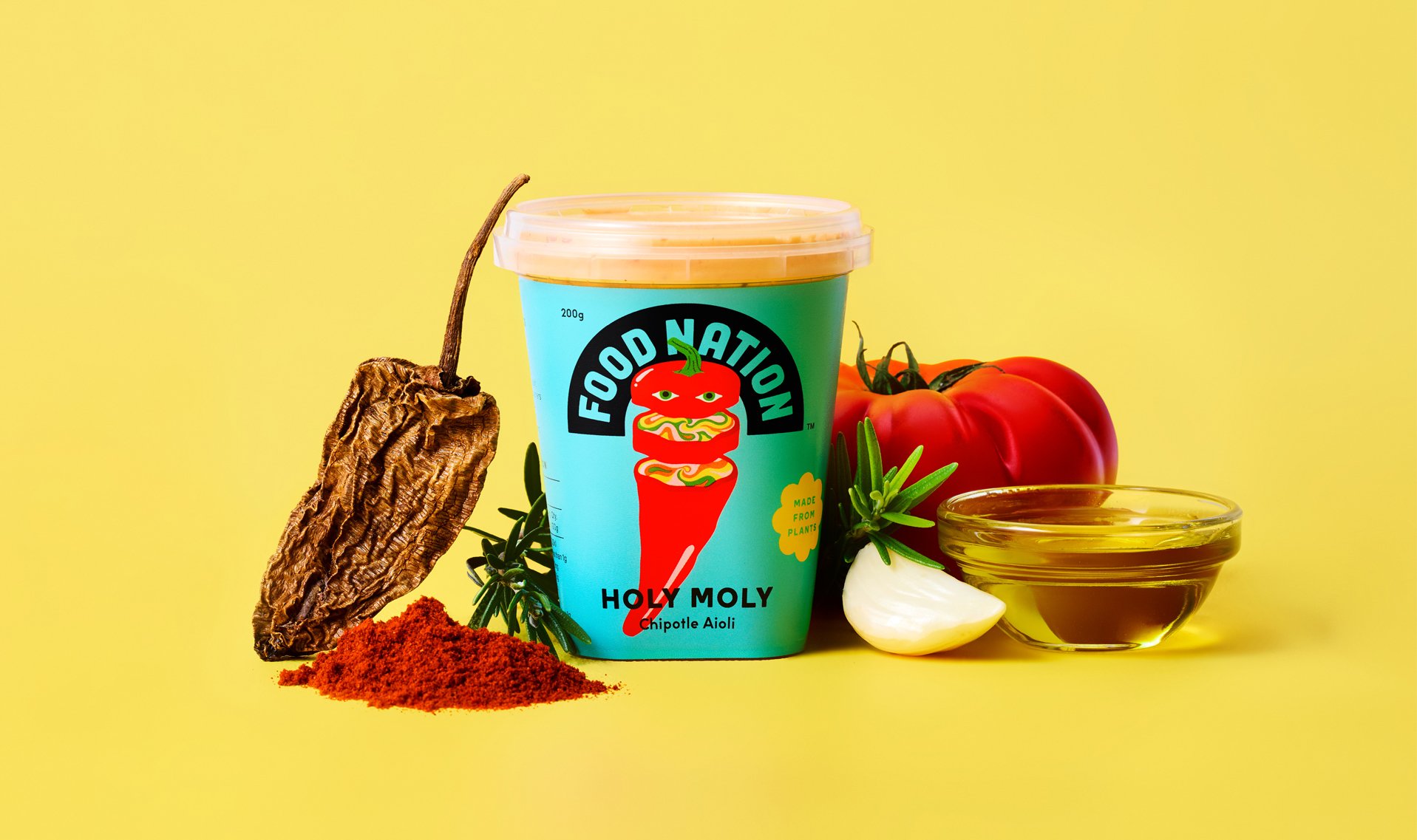 Visual identity and packaging design by New Zealand studio Seachange for plant-based food brand Food Nation.