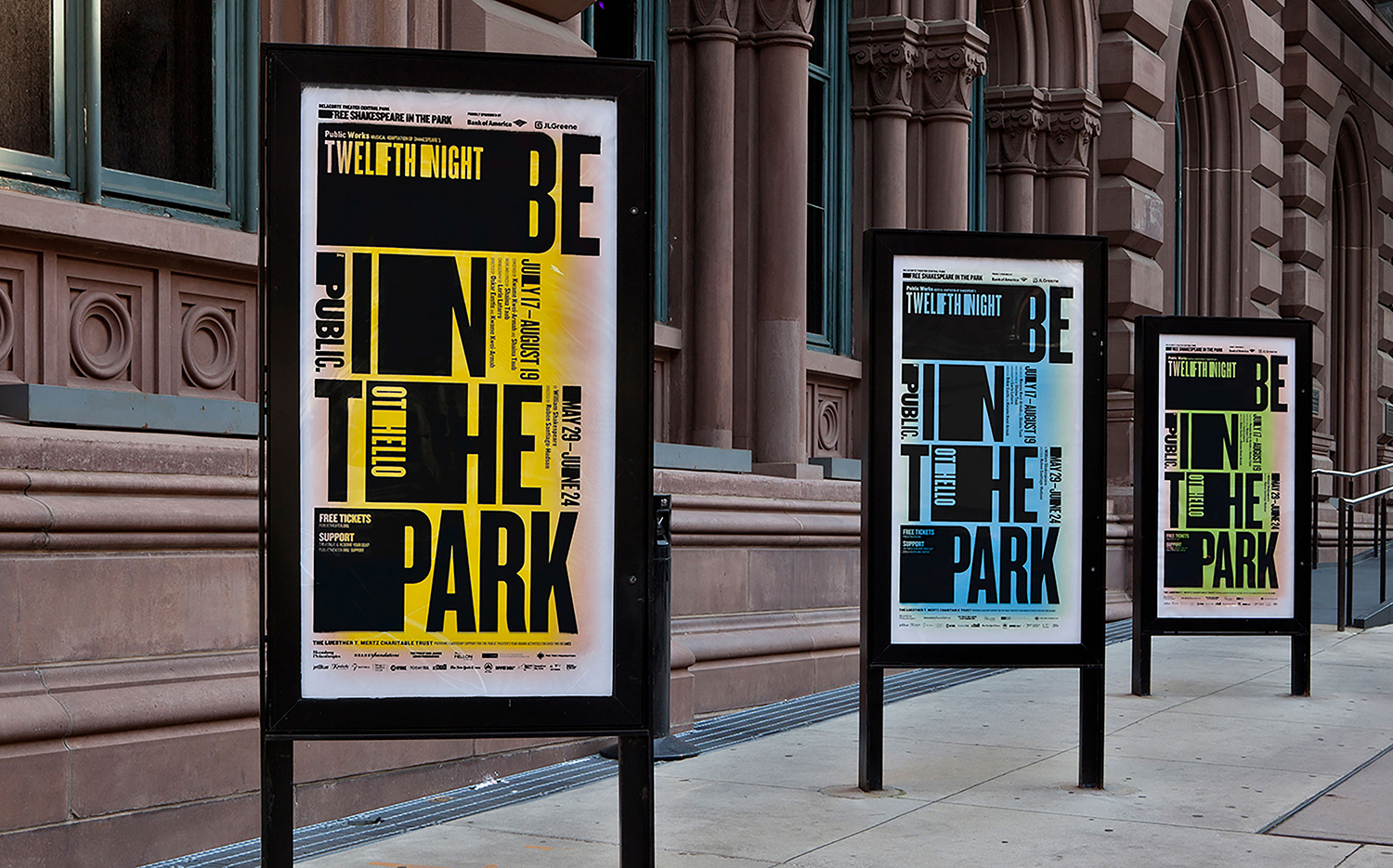 Posters, signage, website, t-shirts, tote bags and newspaper advertising by Pentagram's Paula Scher for The Public Theatre's Shakespeare in the Park 2018