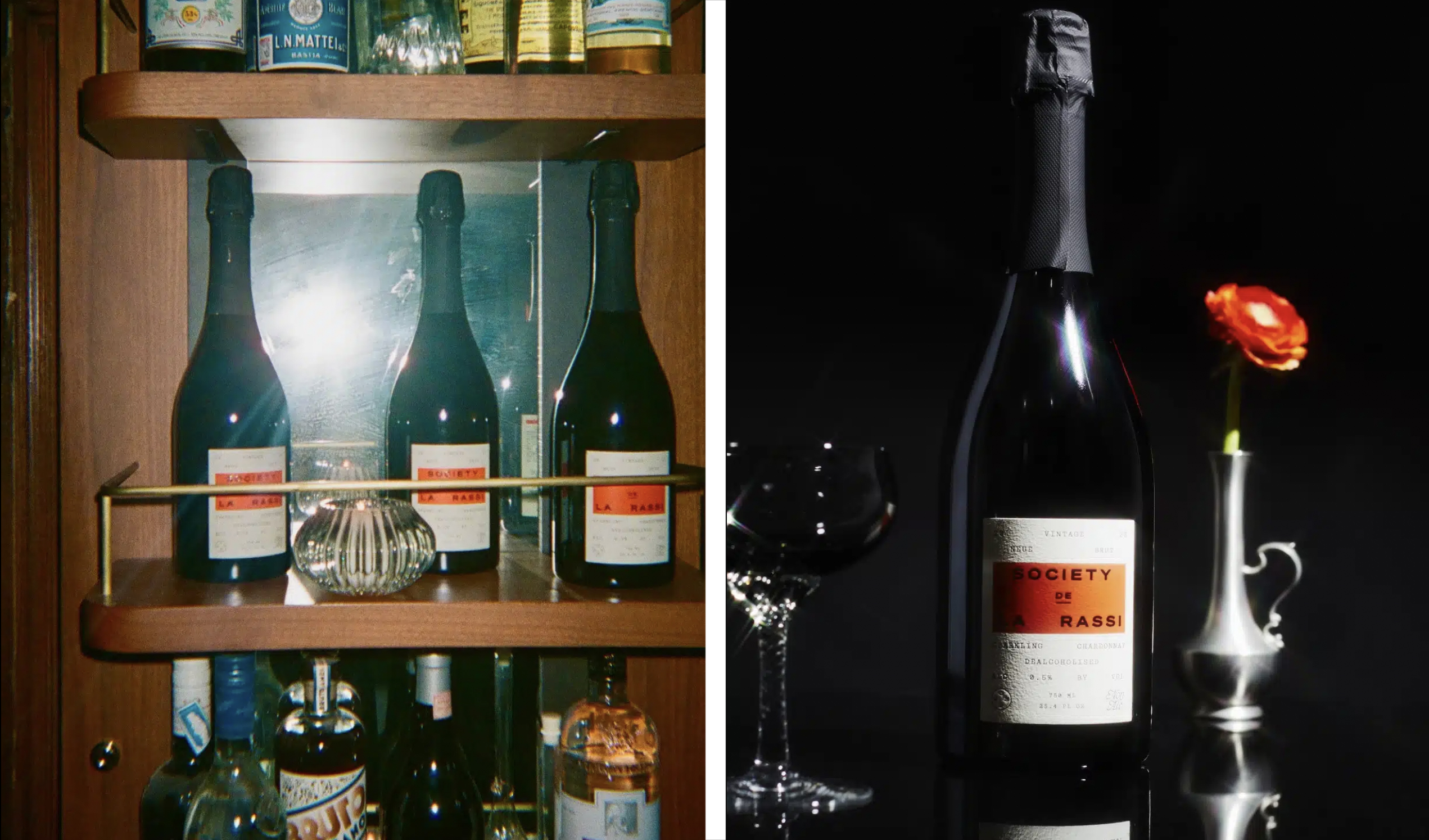 Logotype, art direction and packaging for alcohol-free champaign brand Society De La Rassi designed by Blurr Bureau
