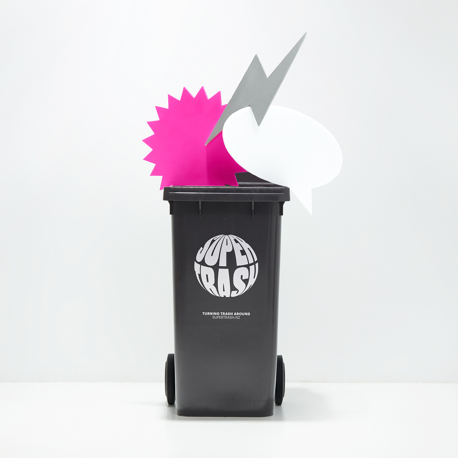 Logo and branded refuse bin by Seachange for refuse collection and reuse company Supertrash
