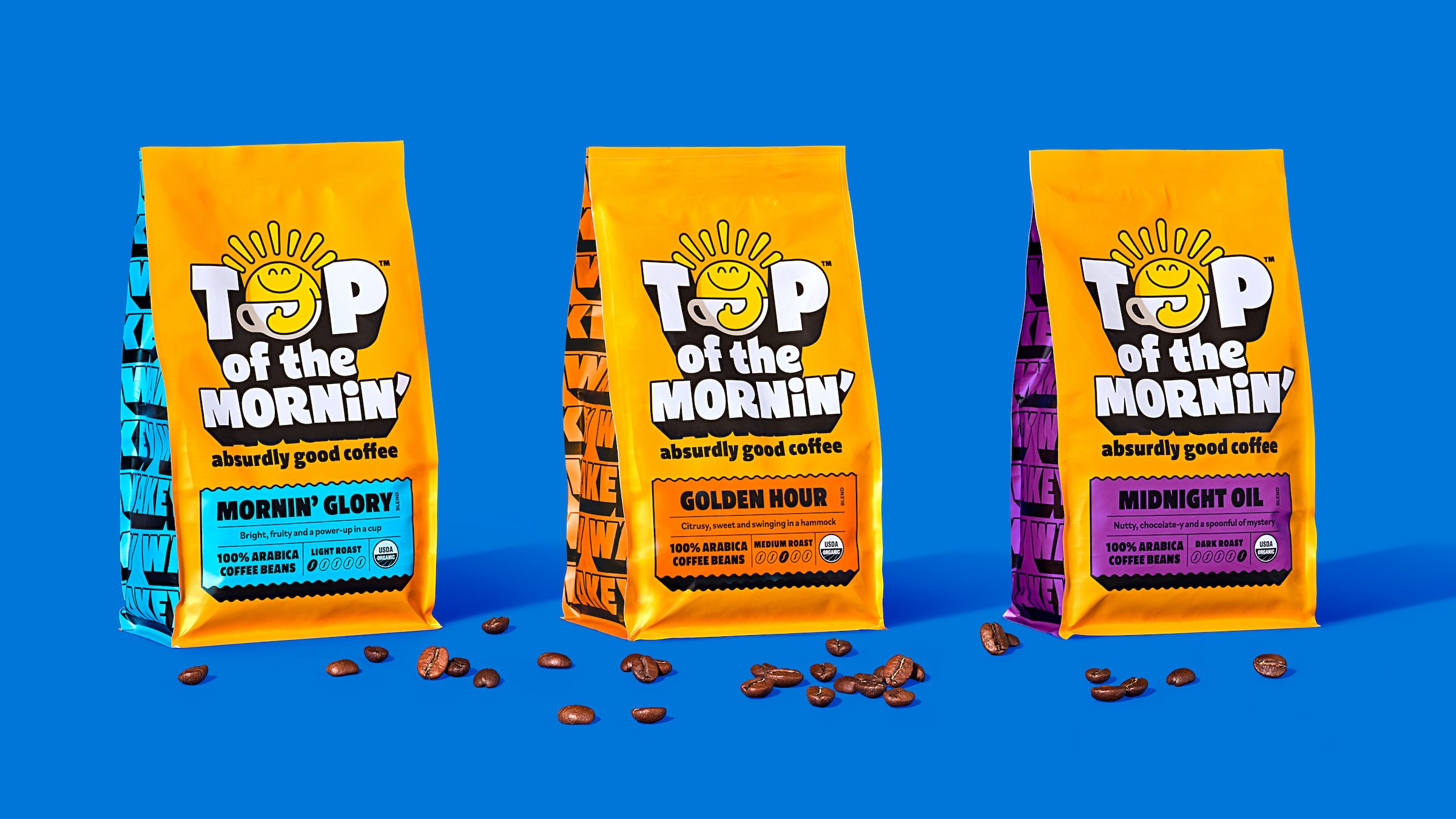 Brand identity and packaging design for Top of the Mornin’ Coffee by London-based Earthling Studio.