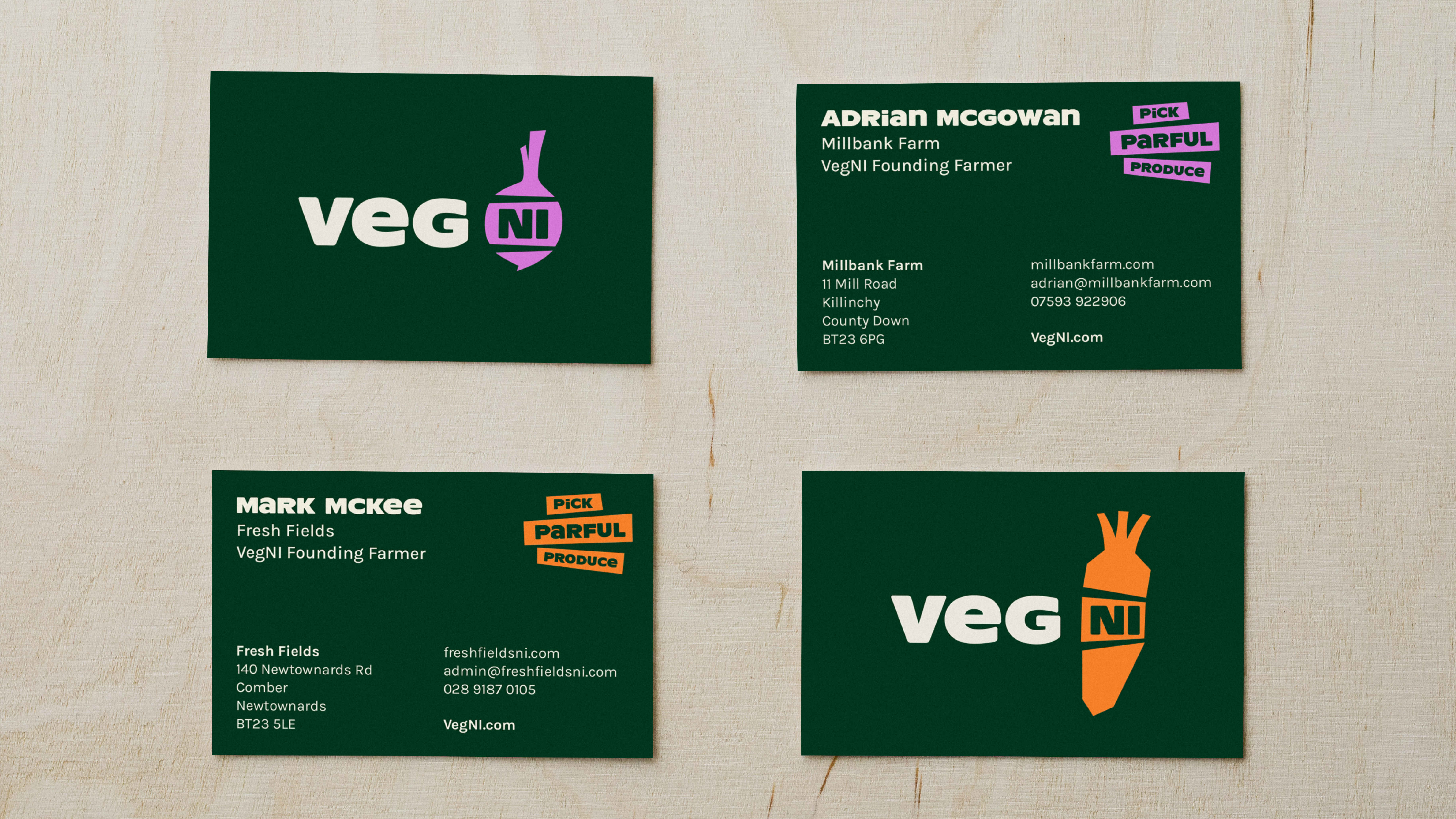 Brand identity designed by Jack Renwick Studio for Northern Irish farming cooperative Veg NI