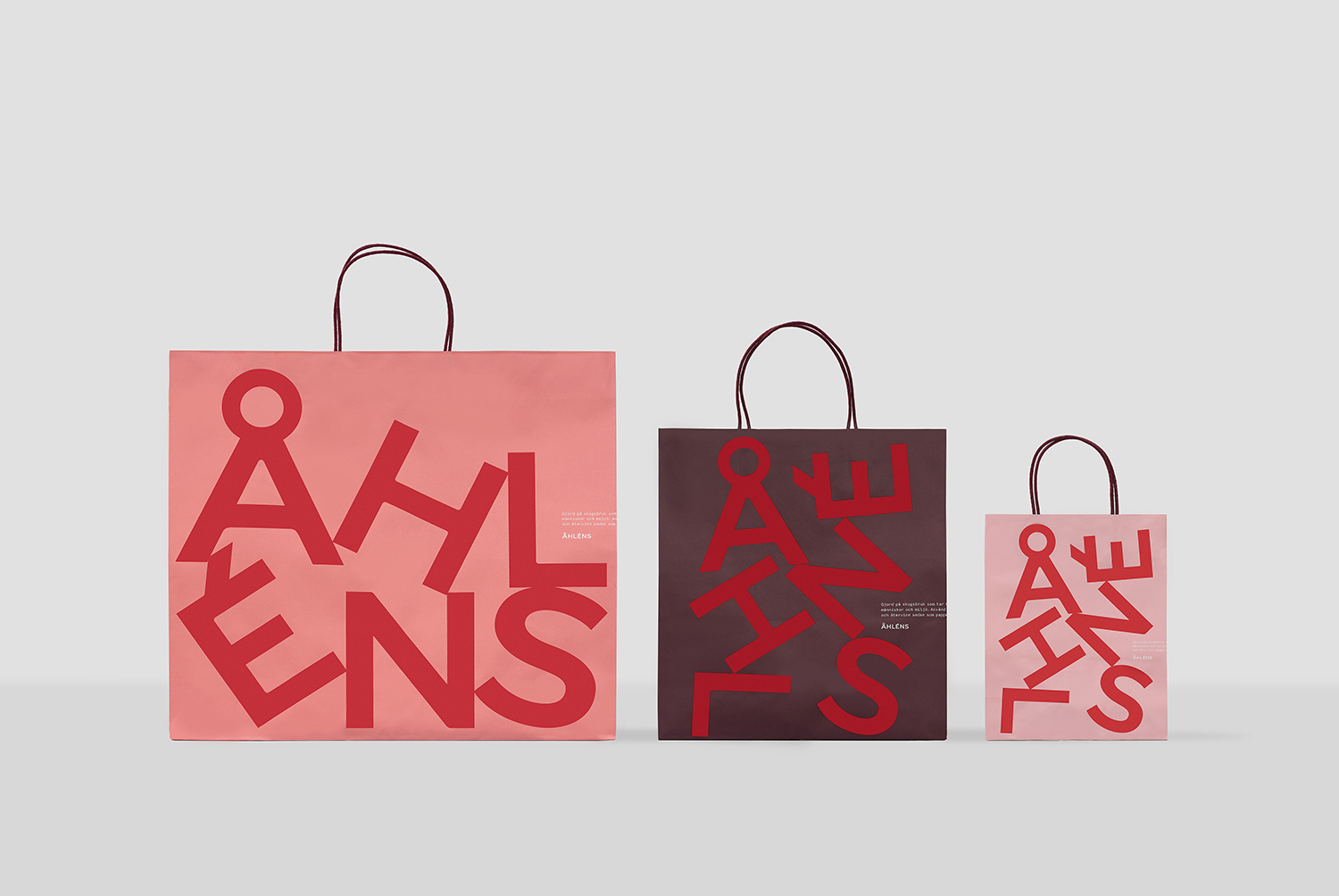 Visual identity, shopping bags, packaging and signage by Happy FB for Swedish retailer Åhléns