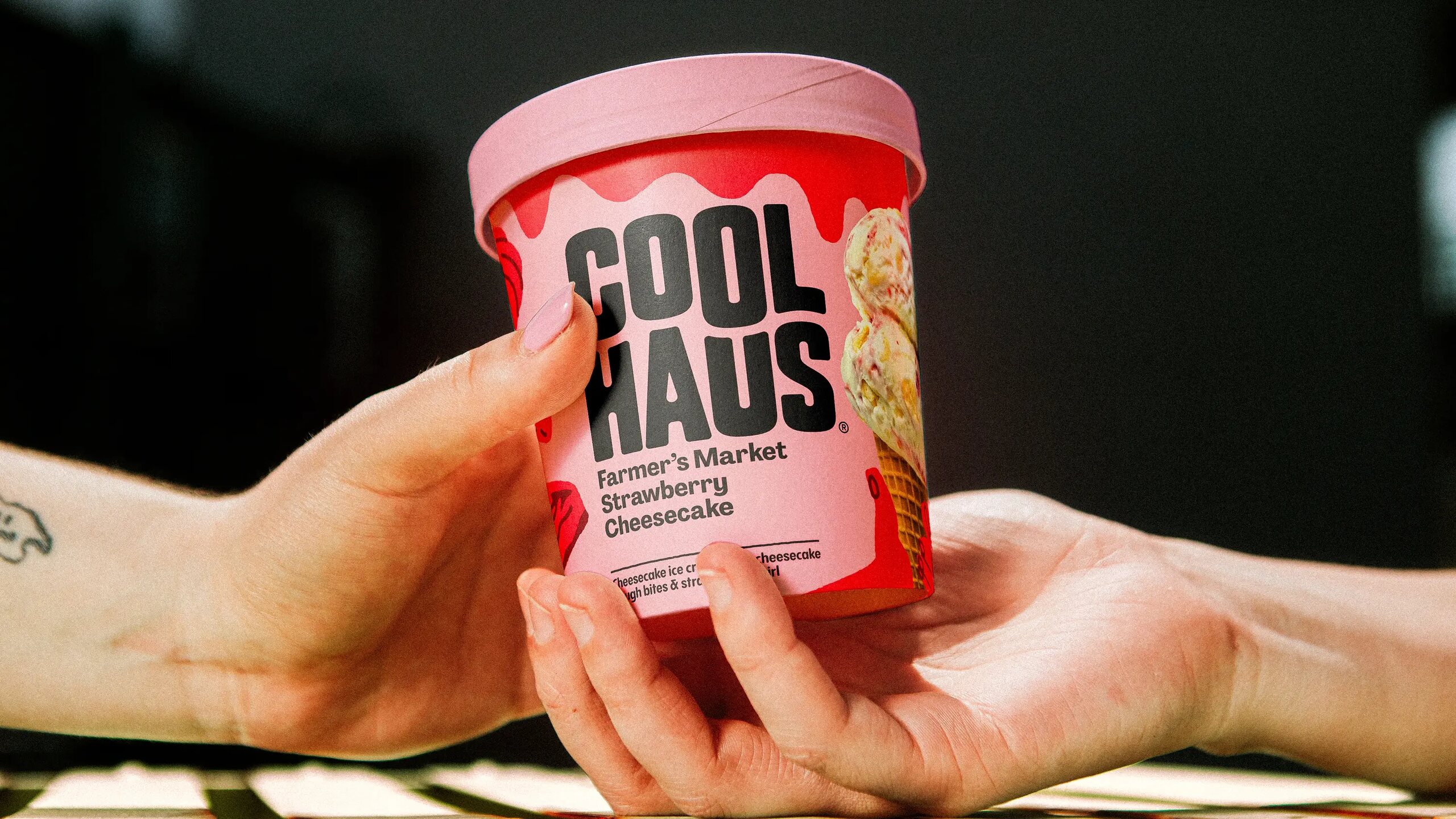 Logotype, illustration, packaging, motion graphics and digital design by &Walsh for dairy free ice cream brand Coolhaus