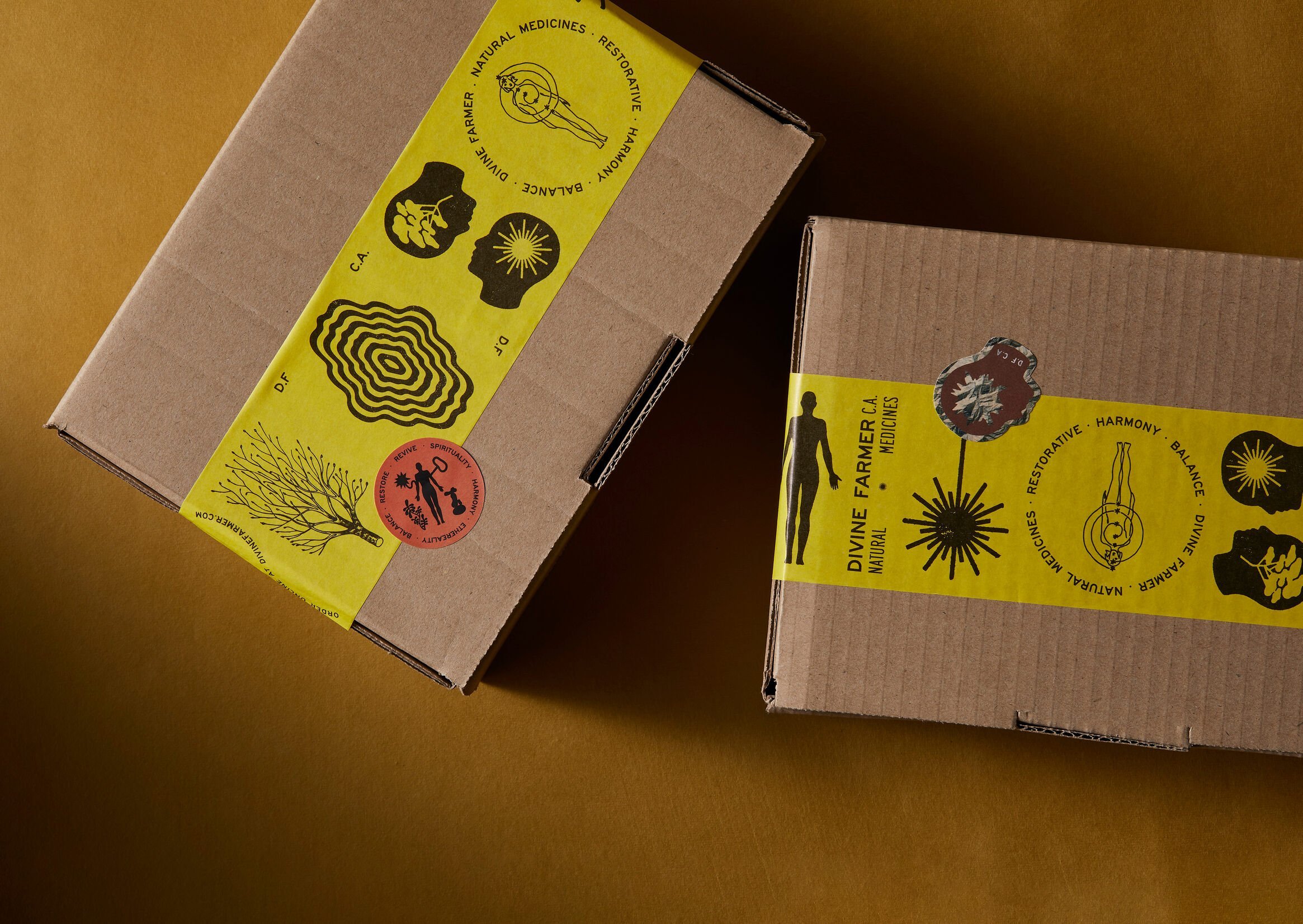 Visual identity and box tape design for CBD wellness business Divine Farmer developed by Base Design