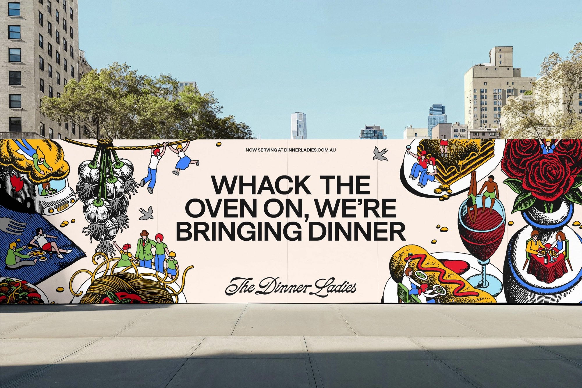 Logotype, illustration, OOH and social media assets by Universal Favourite for Australian frozen convenience food delivery service The Dinner Ladies