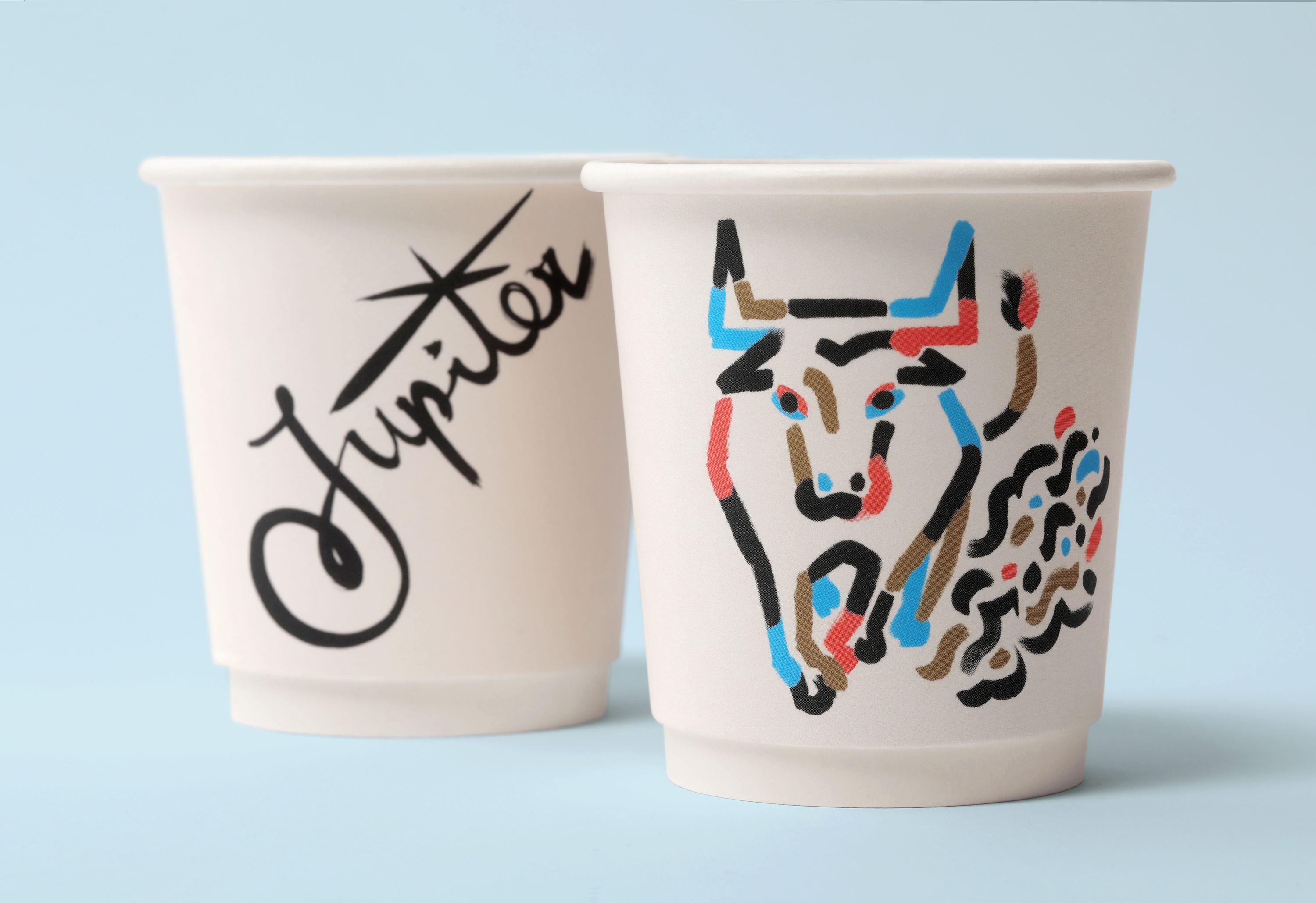 Brand identity and illustrated coffee cups for New York restaurant Jupiter designed by Triboro