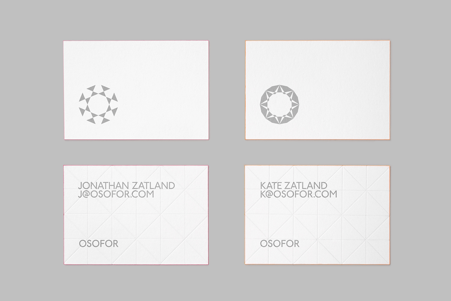Logo and edge painted and blind embossed business cards designed by Paul Belford Ltd. for lab diamond business Osofor