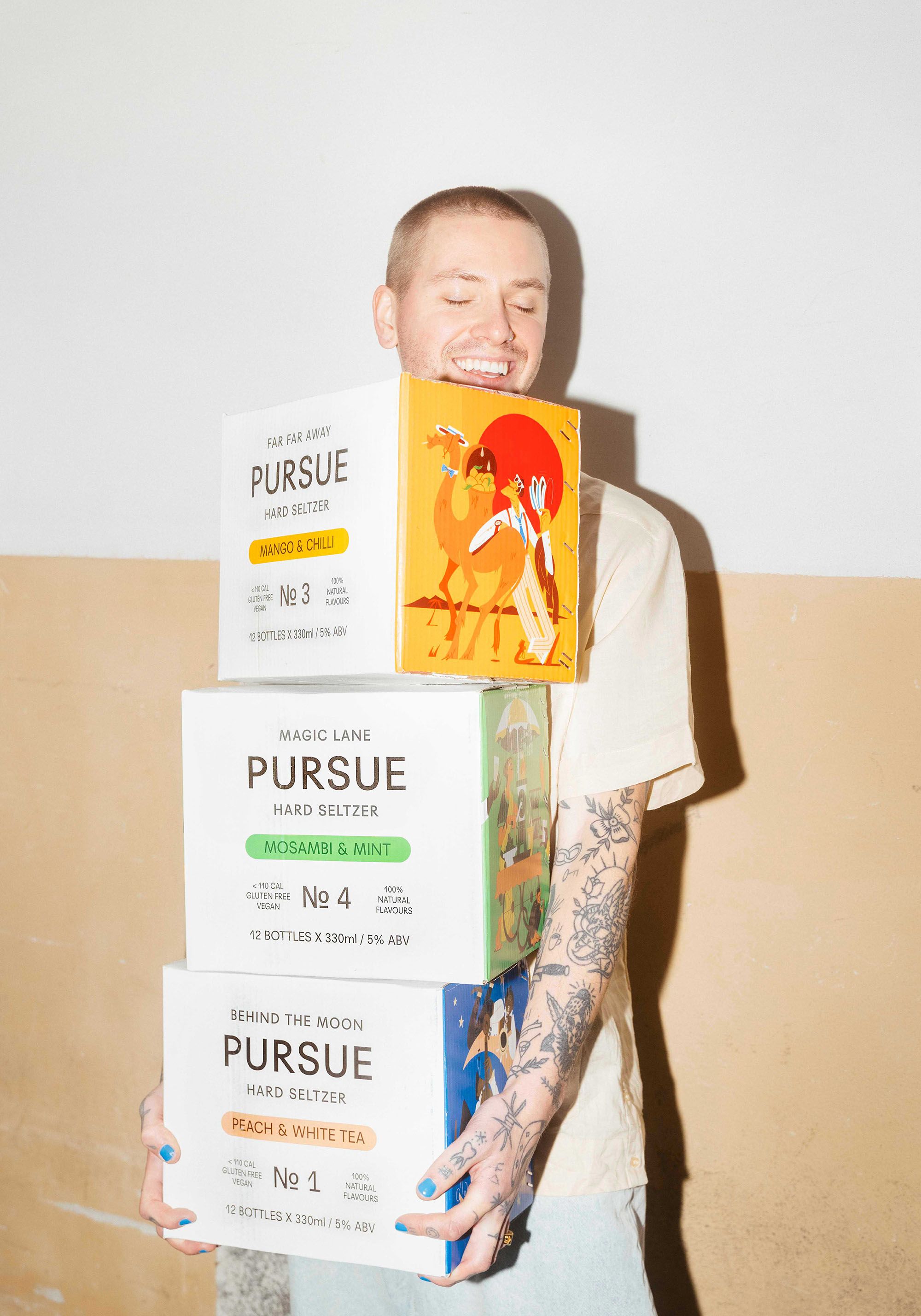 Illustrated box packaging for Pursue Hard Seltzer by Oslo-based OlssønBarbieri 
