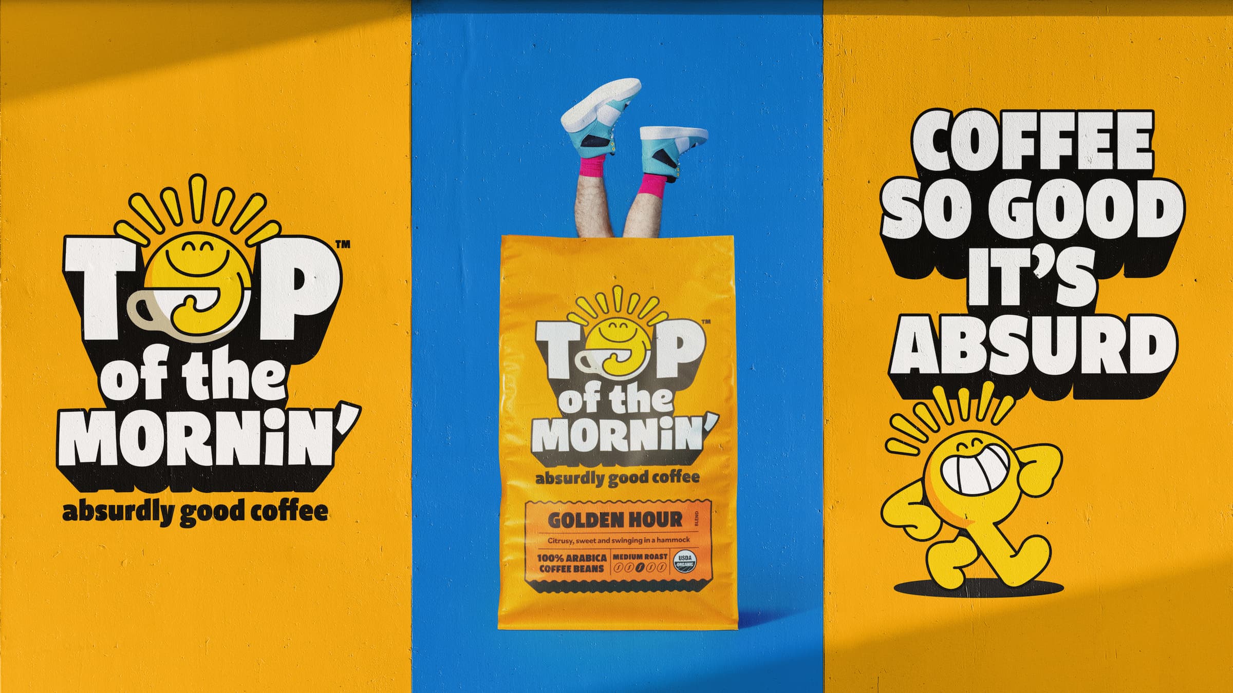 Packaging design and posters for Top of the Mornin’ Coffee by London-based Earthling Studio.