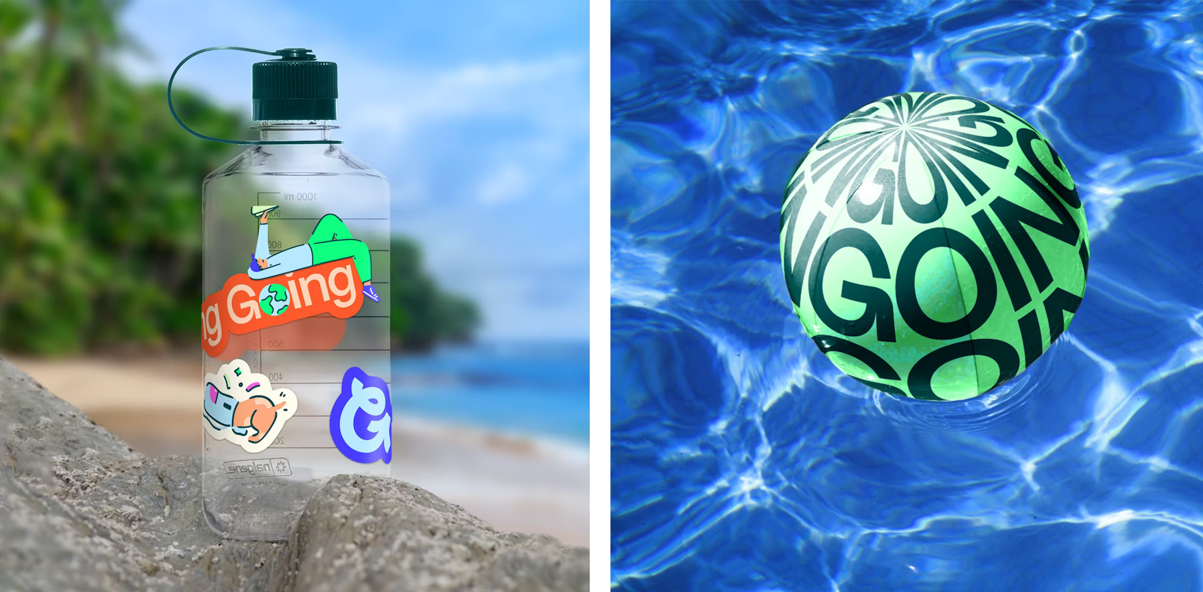 Brand identity and branded beach ball and water bottle by Design Studio for Going, formerly Scott’s Cheap Flights