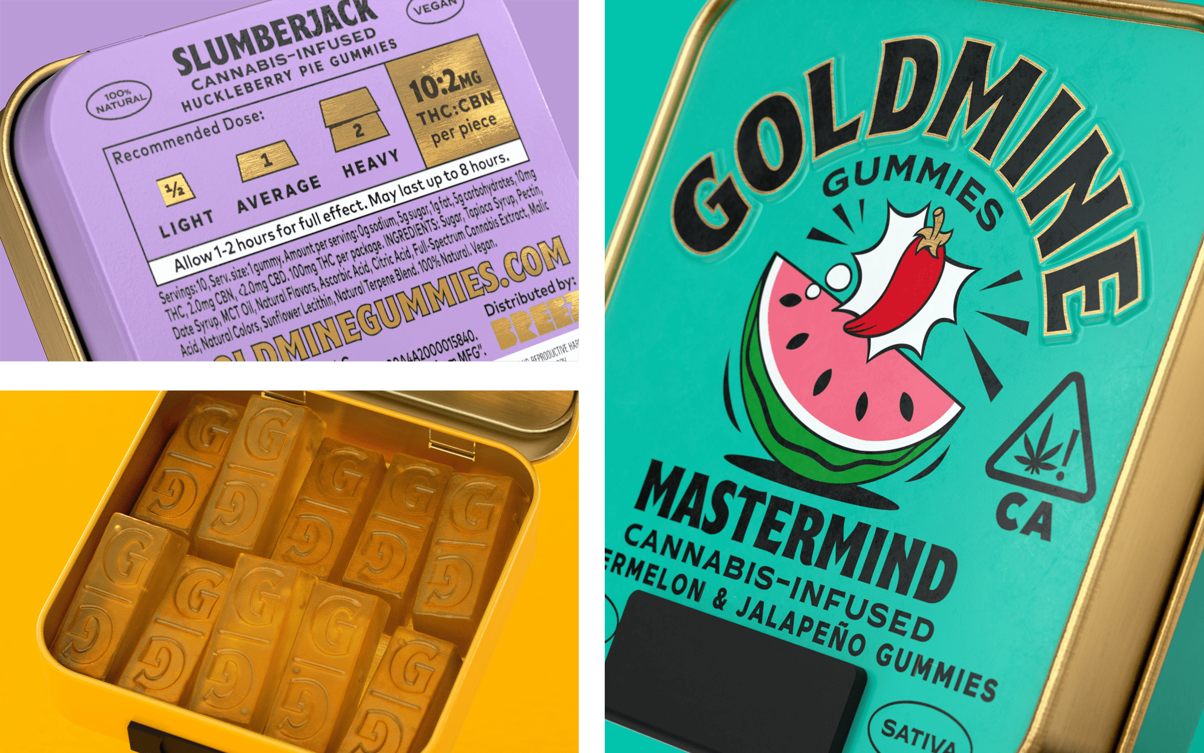 Packaging design and illustration by Leeds-based Robot Food for cannabis-infused sweets Goldmine Gummies