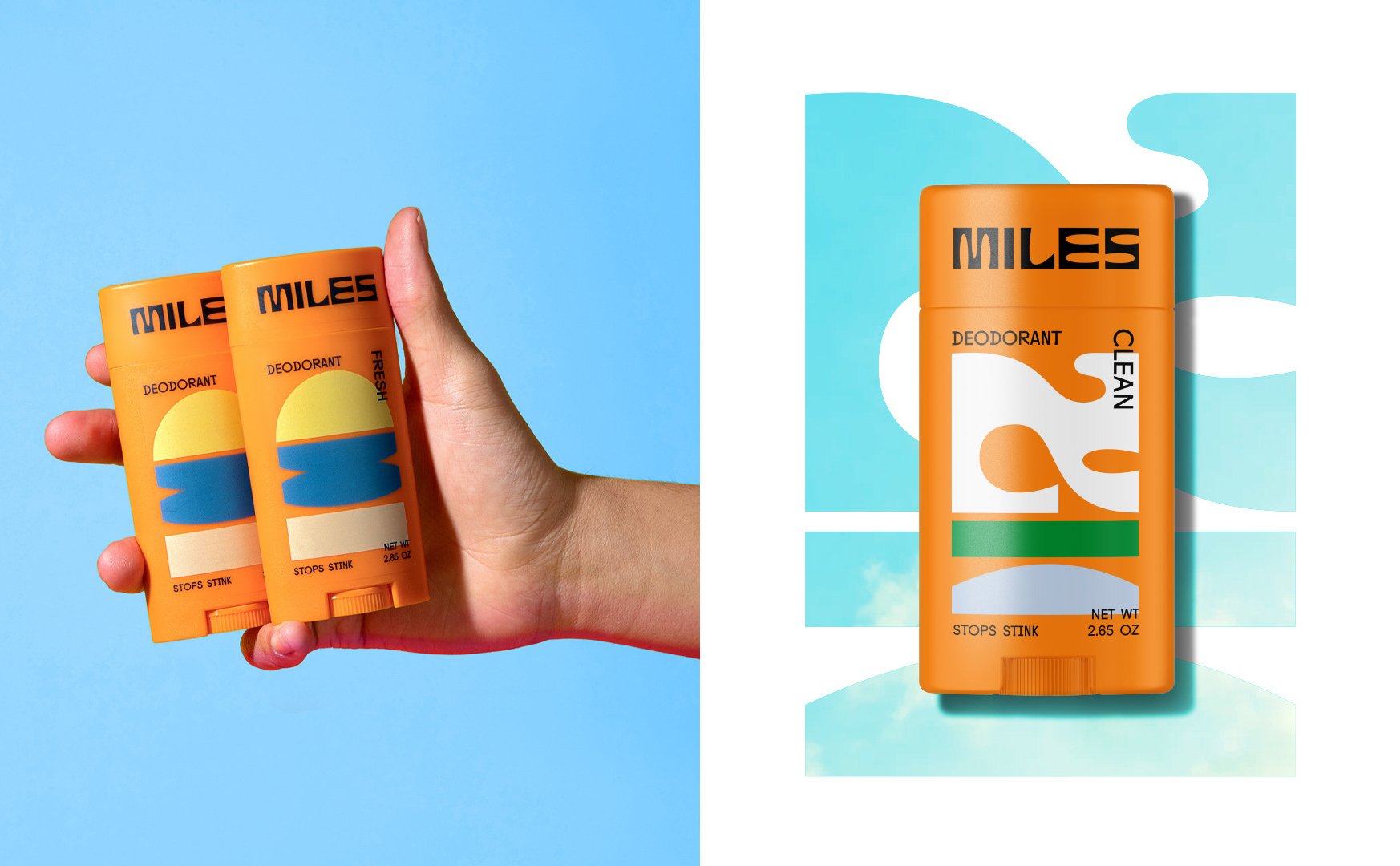 Logotype, illustration and packaging design for deodorant Miles designed by Minneapolis-based studio Buddy Buddy.