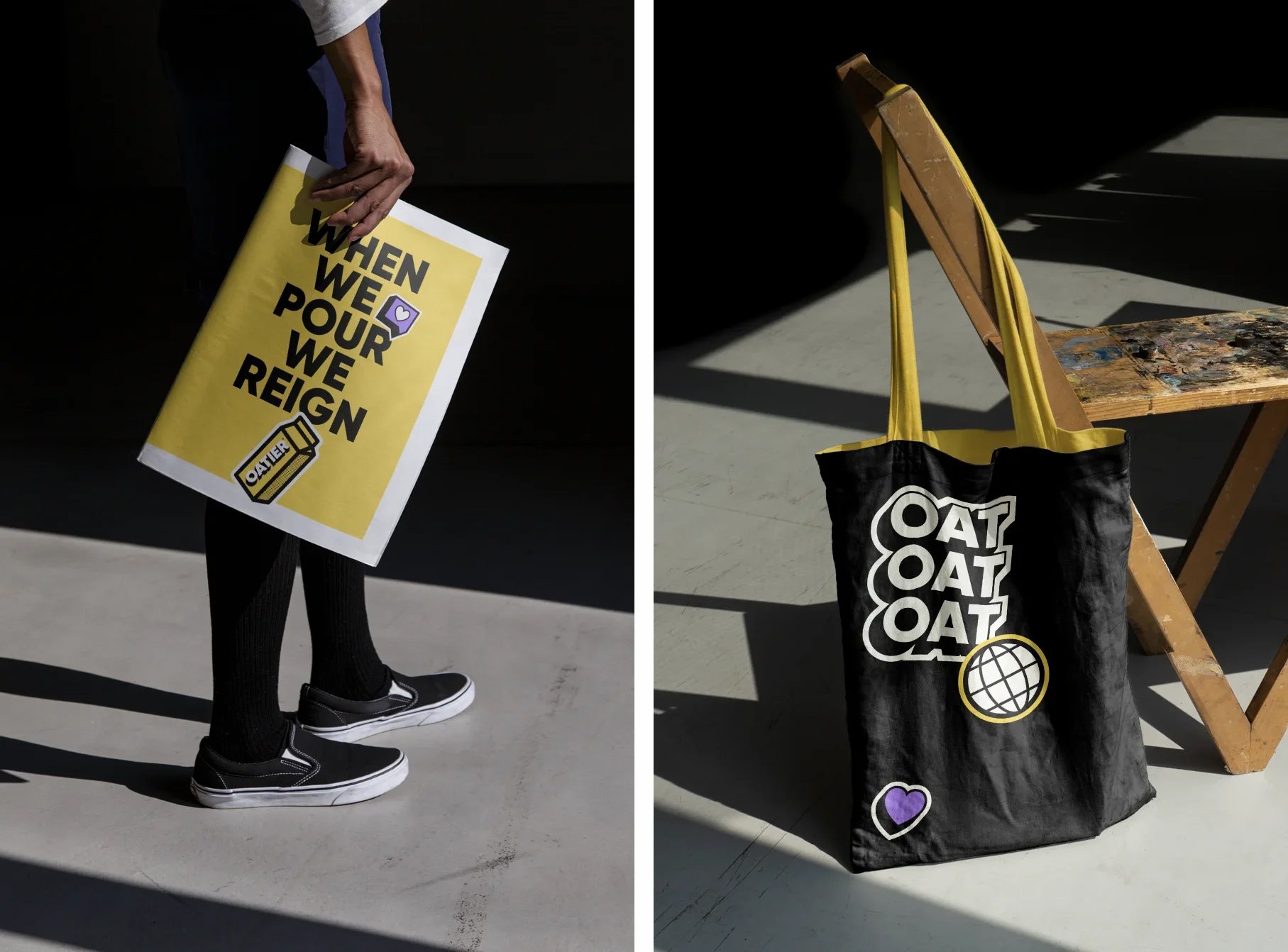 ogotype, brand identity, packaging, social assets, food truck livery and tote bag design for oat milk Oatier designed by Allgood