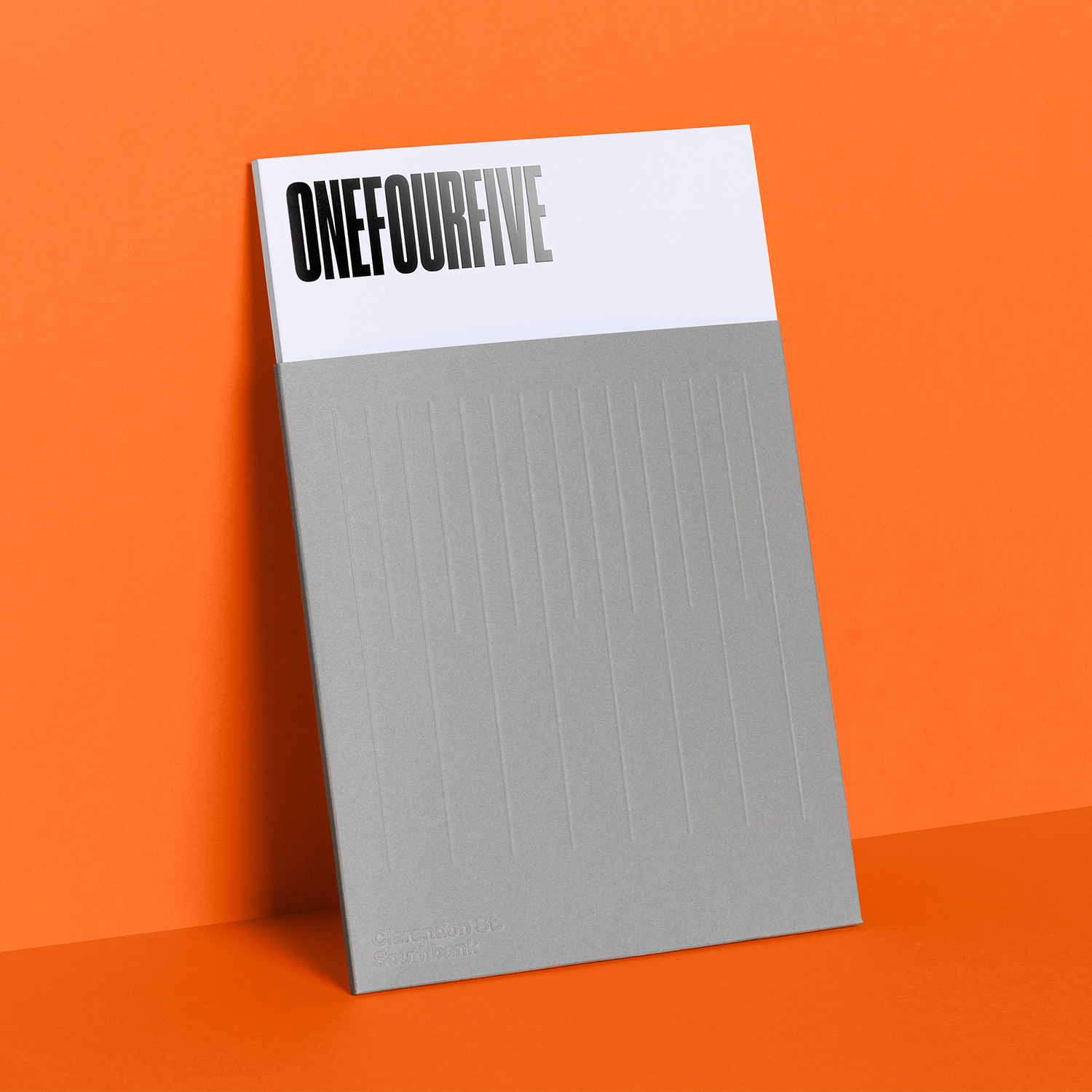 Brand identity and blind embossed brochure design for Melbourne-based modern workspace OneFourFive Clarendon designed by Studio Brave