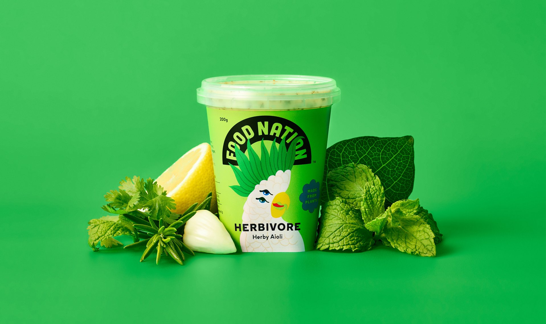 Visual identity and packaging design by New Zealand studio Seachange for plant-based food brand Food Nation.