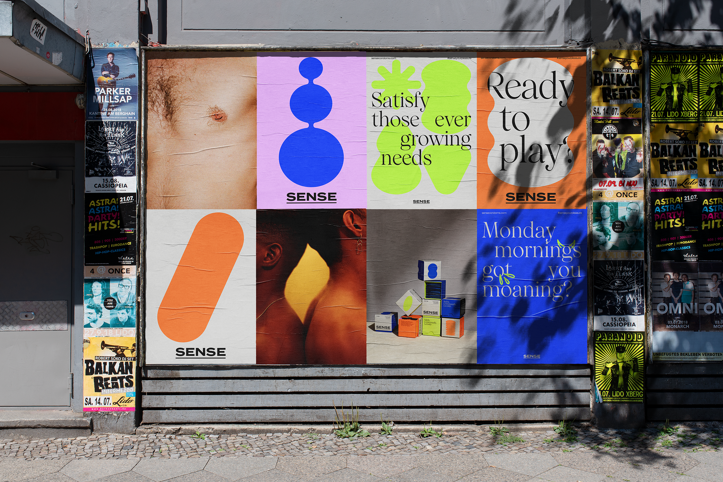 Logotype, packaging, posters and social media assets designed by Buck for sexual wellness brand Sense.